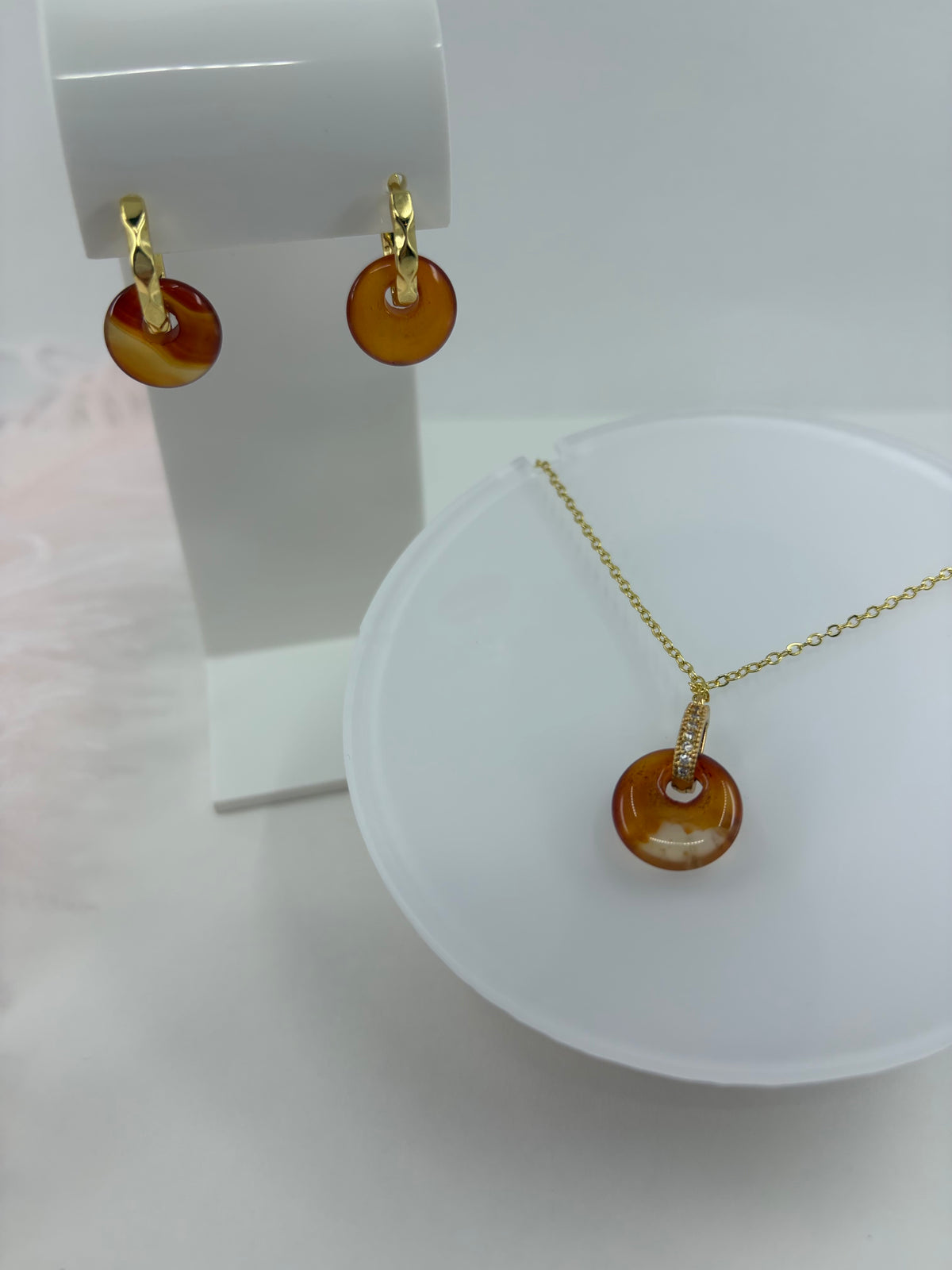Red Agate donut Earrings and necklace,18K Gold Plated