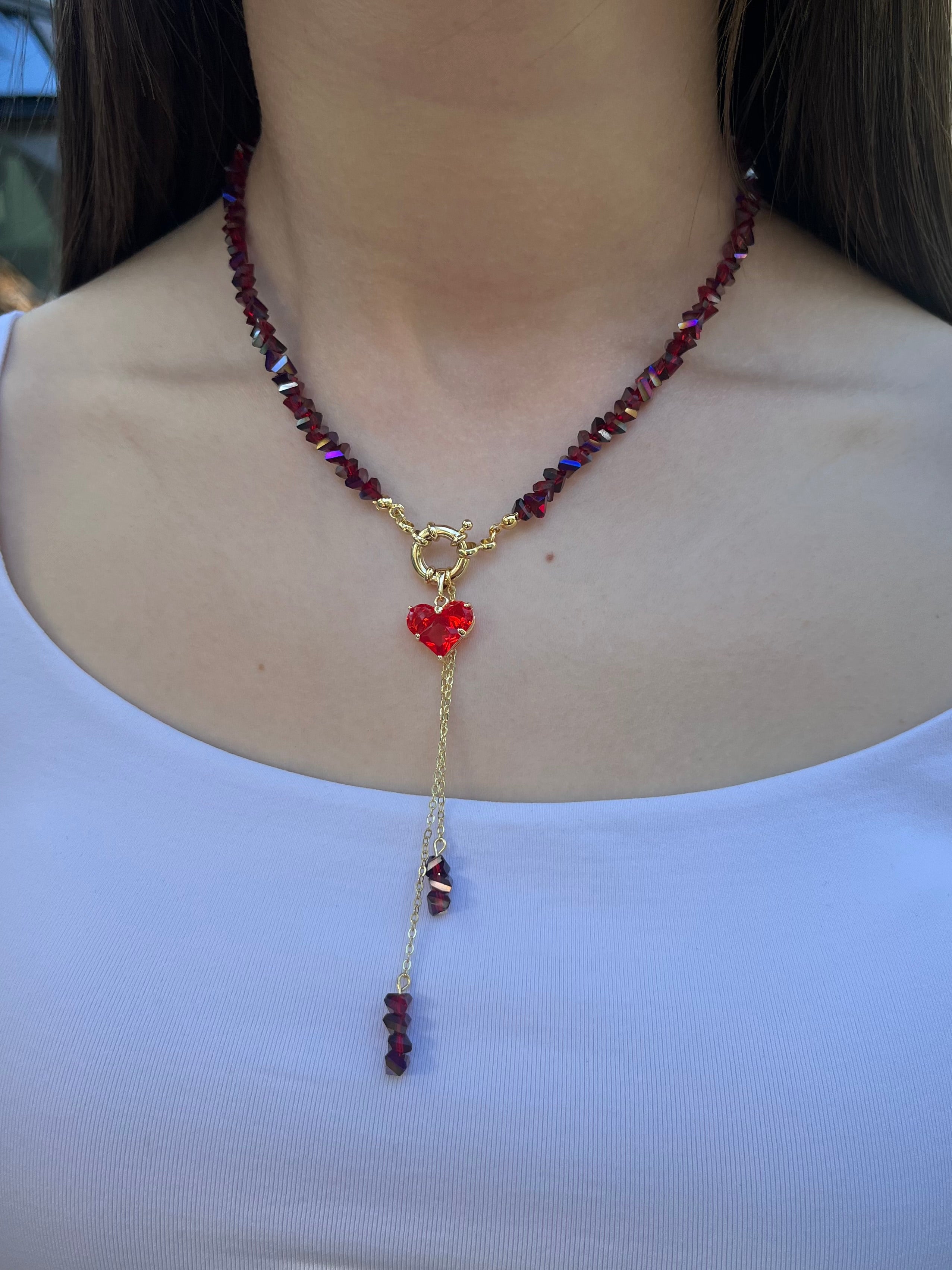 Set: Heart Crystal Burgundy Y-Necklace and Earrings – 18K Gold Plated