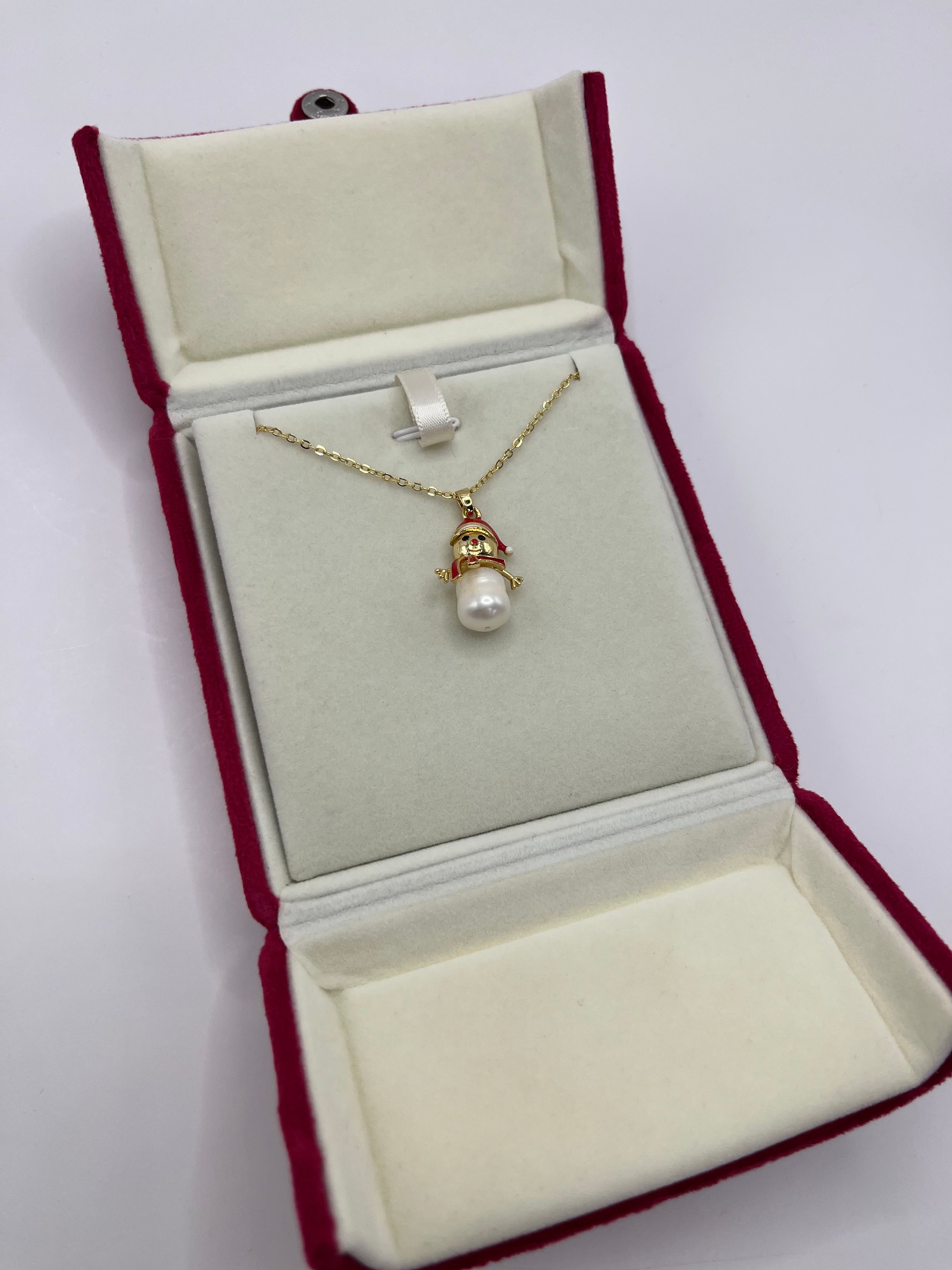 Natural freshwater Pearl Snowman Necklace: 18K Gold Plated Christmas Pendant
, including velvet box
