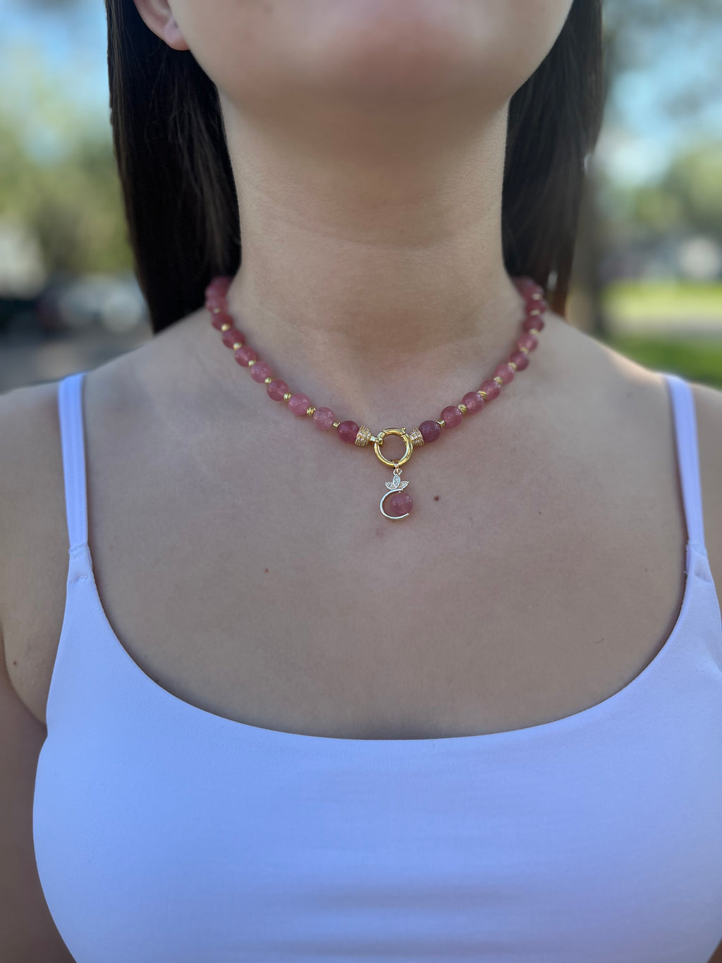 Strawberry Quartz Necklace with pendant: 18K Gold Plated Pendant