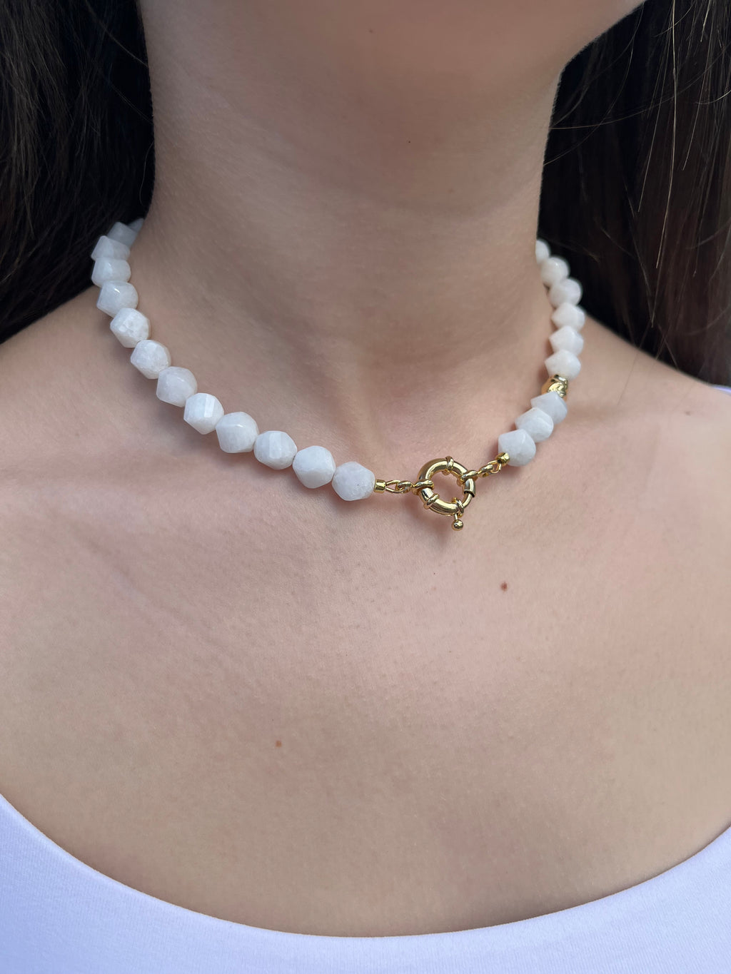 Natural White Jade Necklace with Gold Accent
