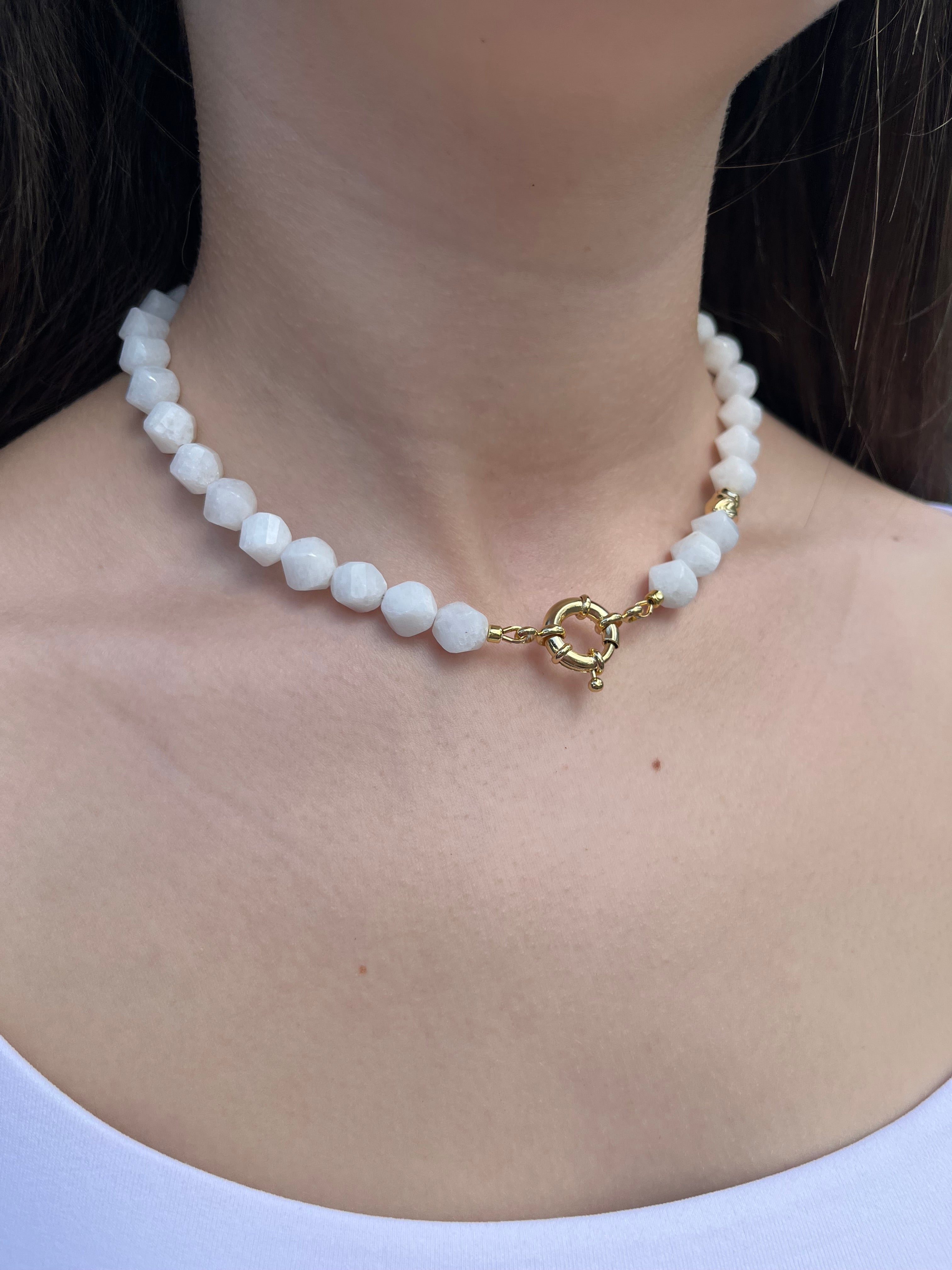 Natural White Jade Necklace with Gold Accent