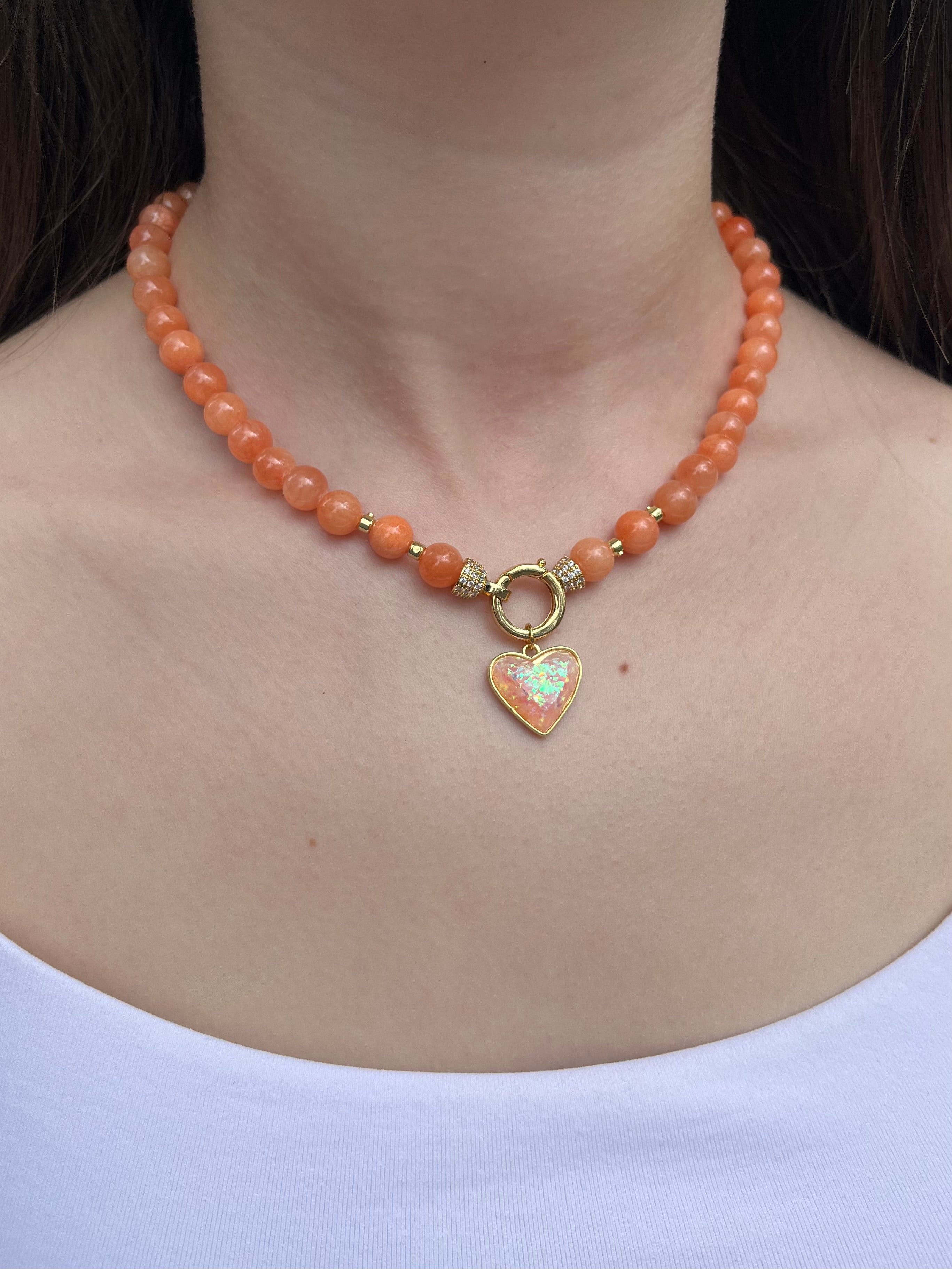 Natural Coral Jade Necklace with Heart Pendant