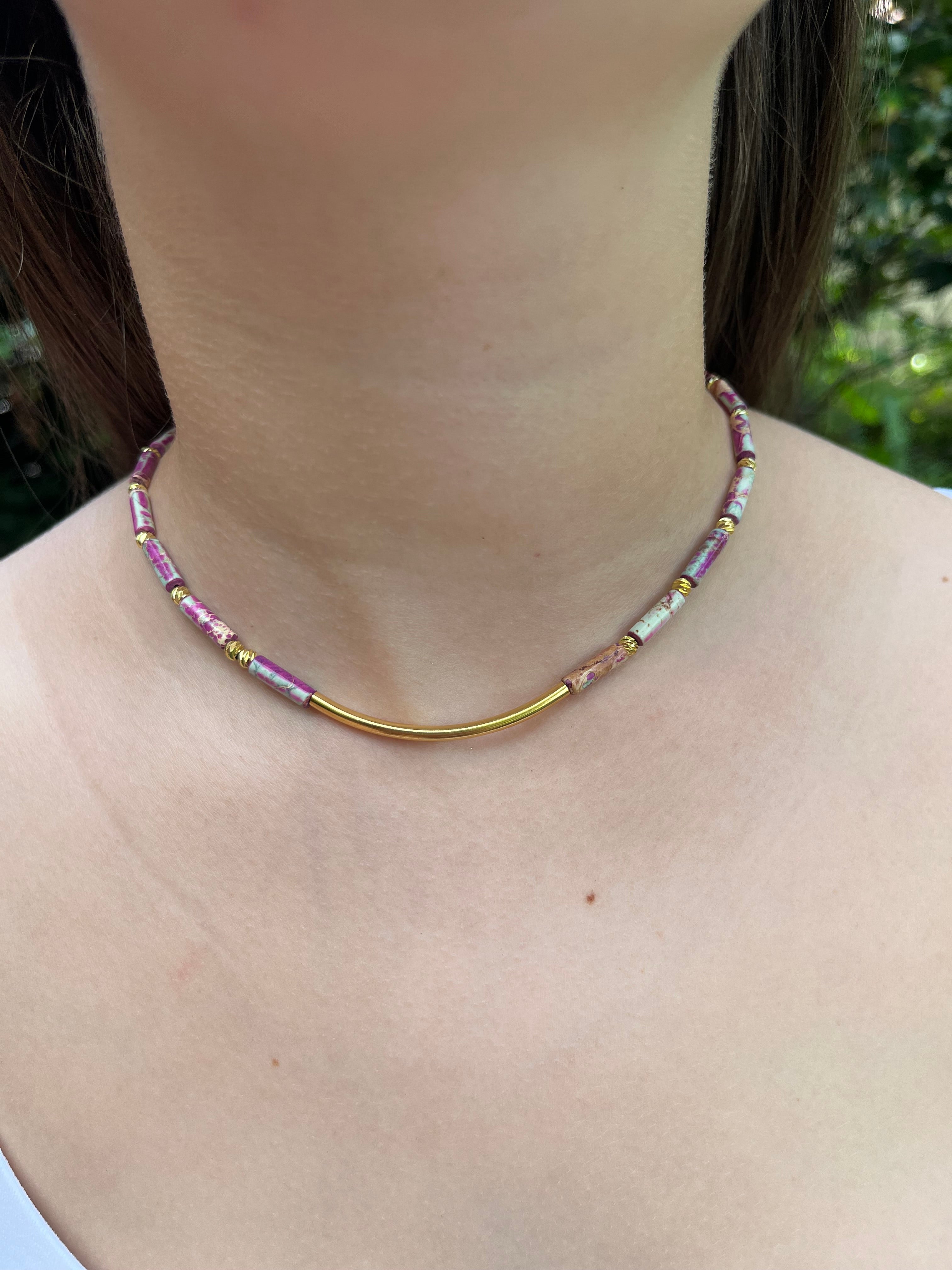 Imperial Jasper Choker: Light Blue, Turquoise, Purple - 14K Gold Plated