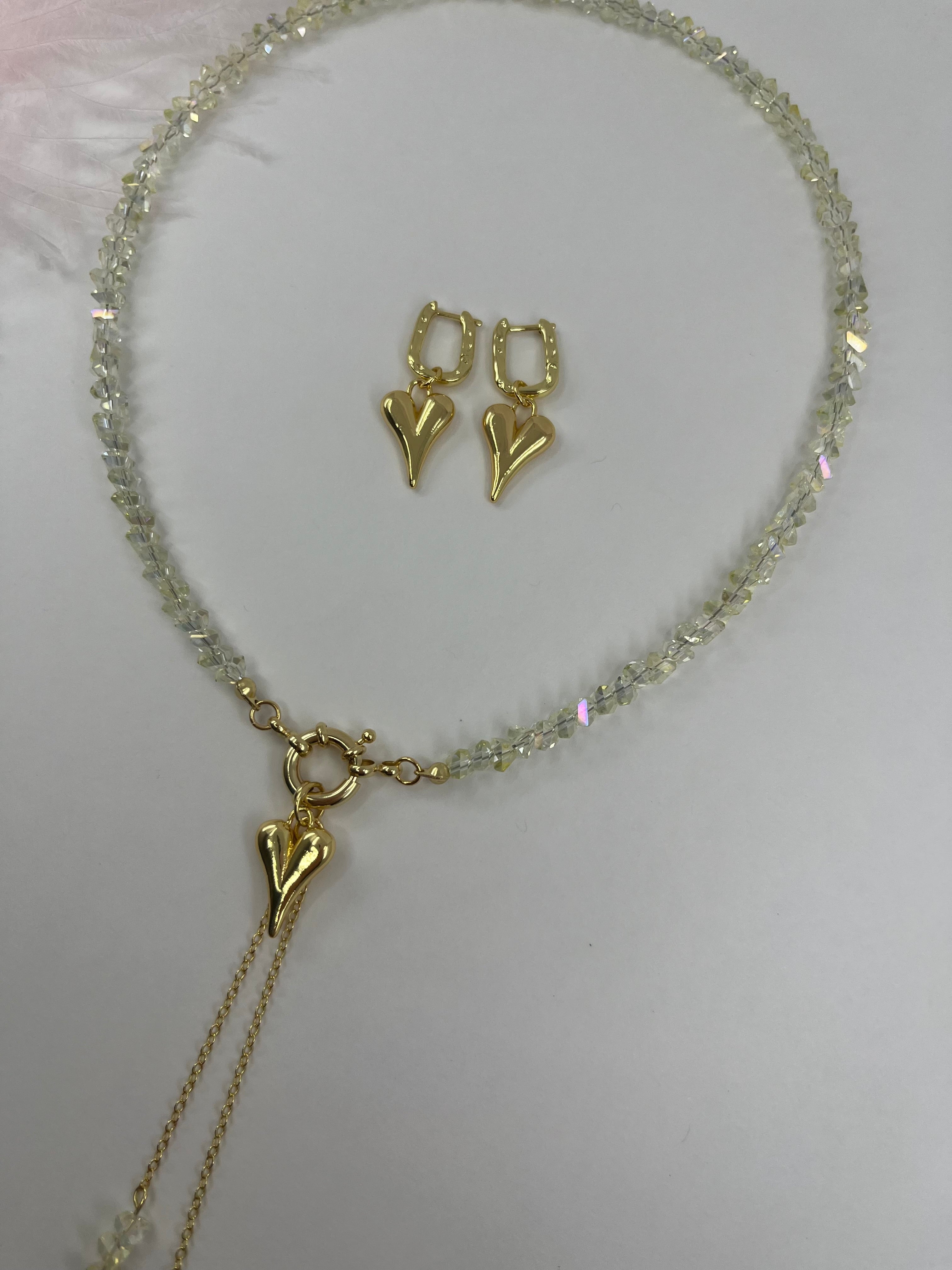 Set: Heart Crystal Y-Necklace and Earrings – 18K Gold Plated
