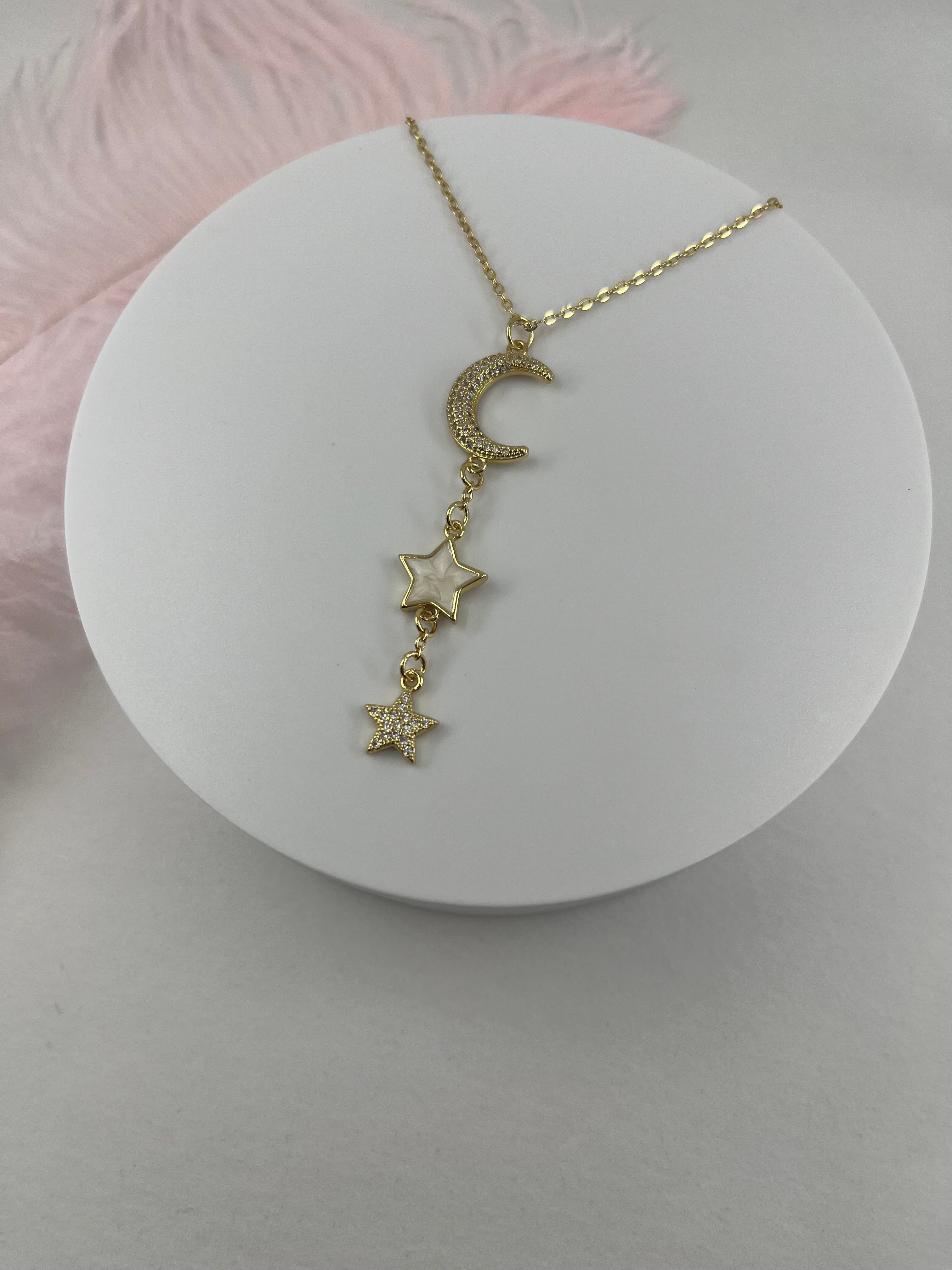 Zirconia Star and Moon Choker Necklace, Real 18K Gold Plated