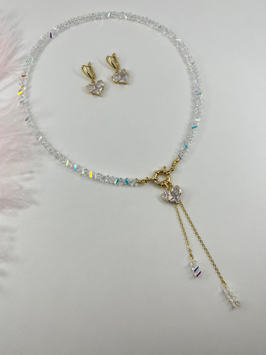 Set: Heart Crystal Y-Necklace and Earrings – 18K Gold Plated, Cubic Zirconia