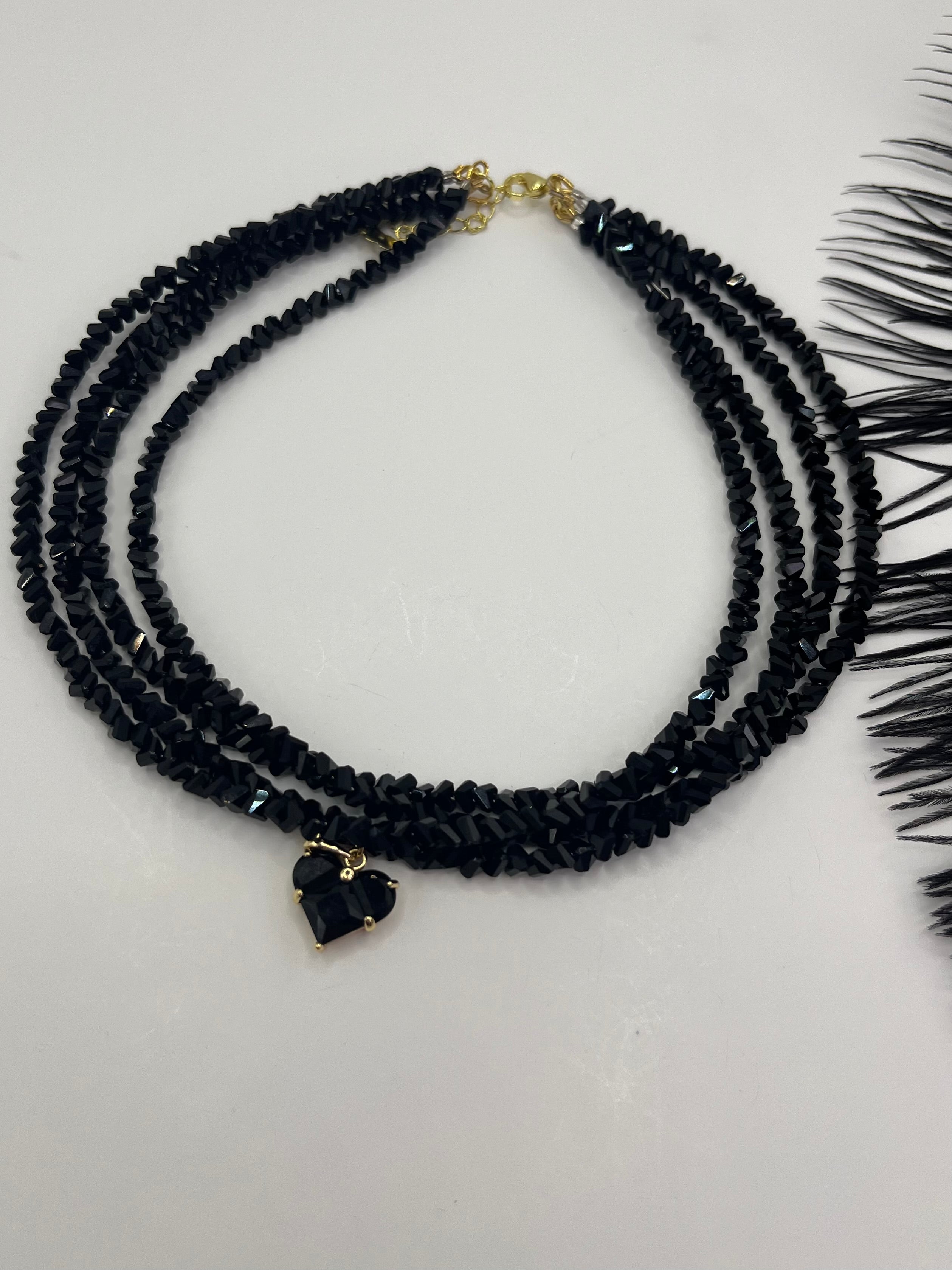 Layered Heart Black Crystal Choker – 18K Gold Plated, Cubic Zirconia, Nickel Free