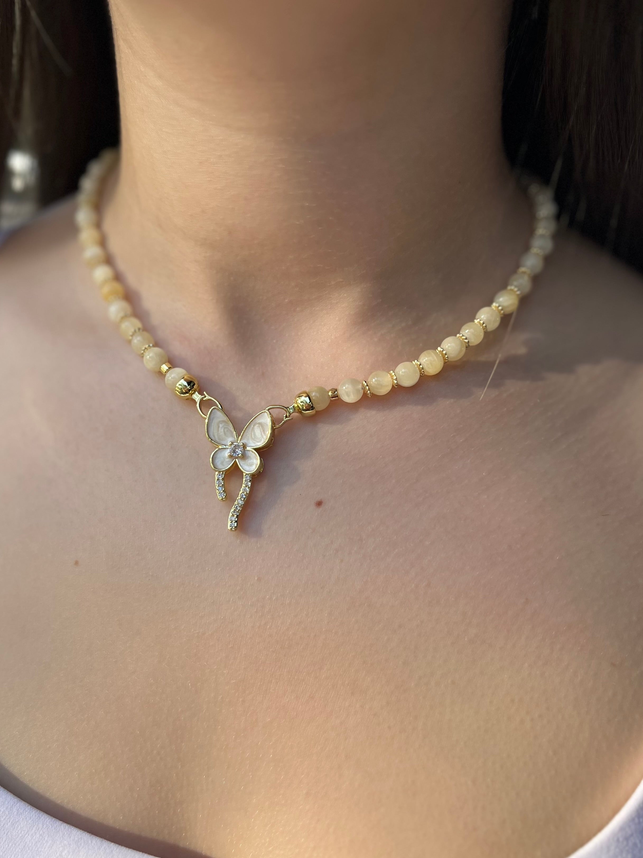 Topaz Jade Choker Necklace : 18K Gold Plated Zirconia Butterfly Clasp