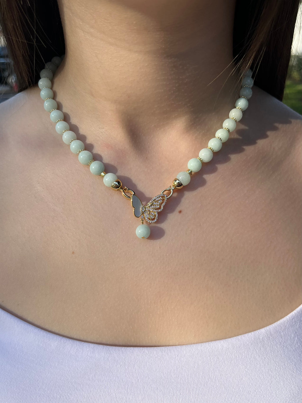 Natural Malaysia Jade Necklace with 18K Gold Butterfly Clasp