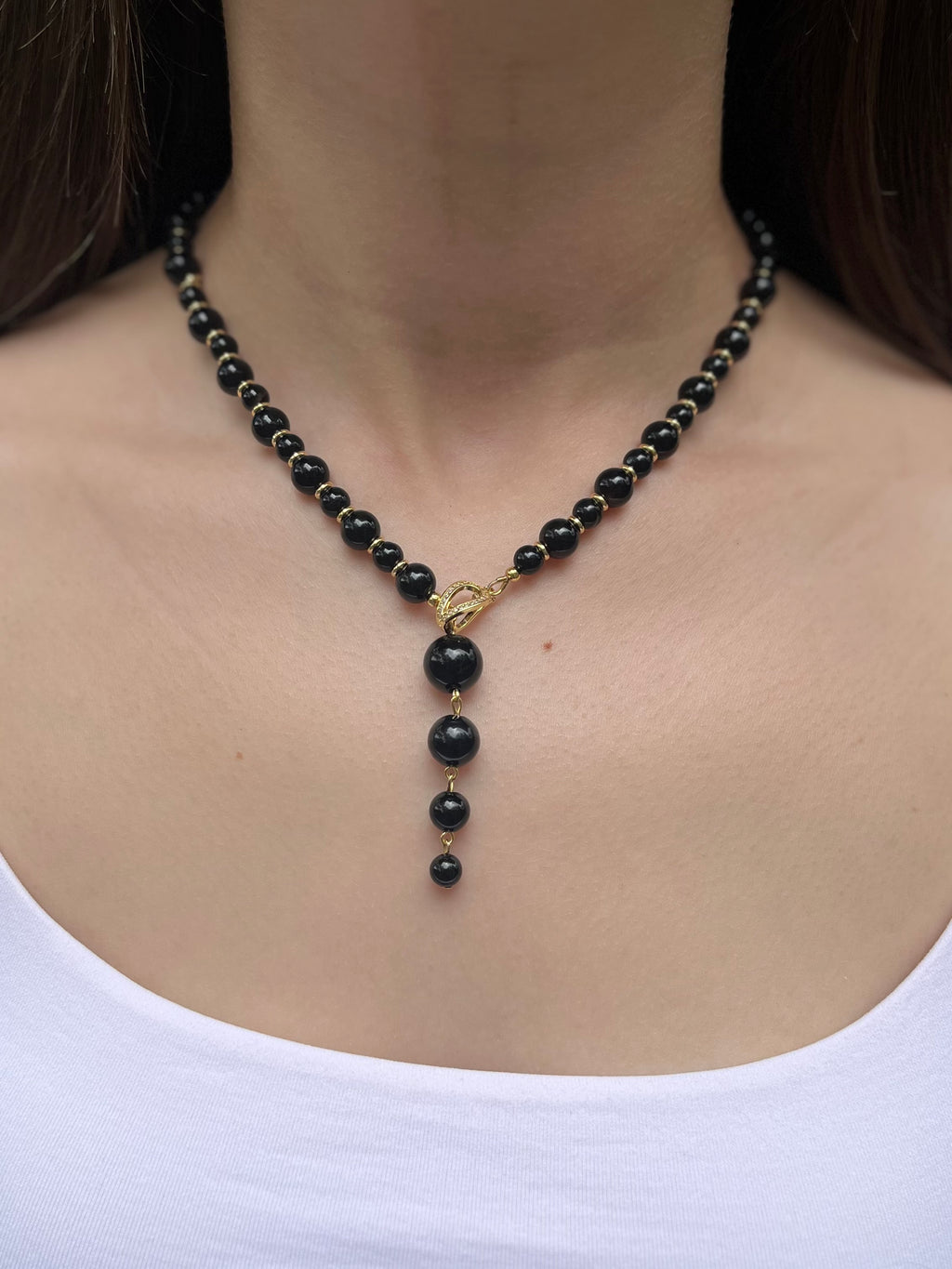 Set: Black Onyx Necklace and Earrings:18K Gold Plated