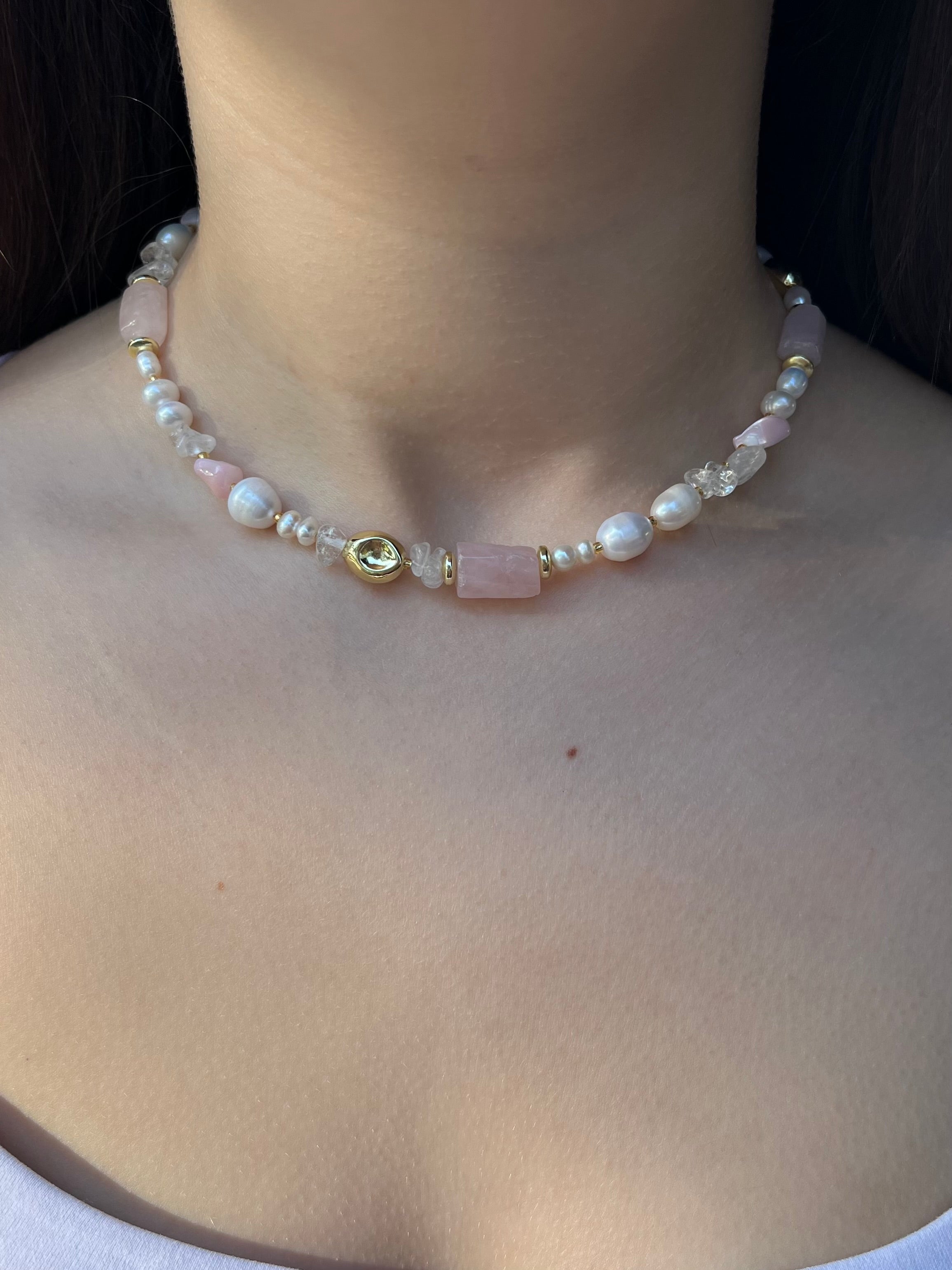 Set: Pearl and Rose Quartz Necklace and Earrings