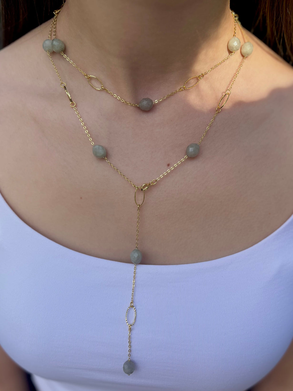 Layered Long Natural Malaysia Jade Necklace with 18K Gold chain