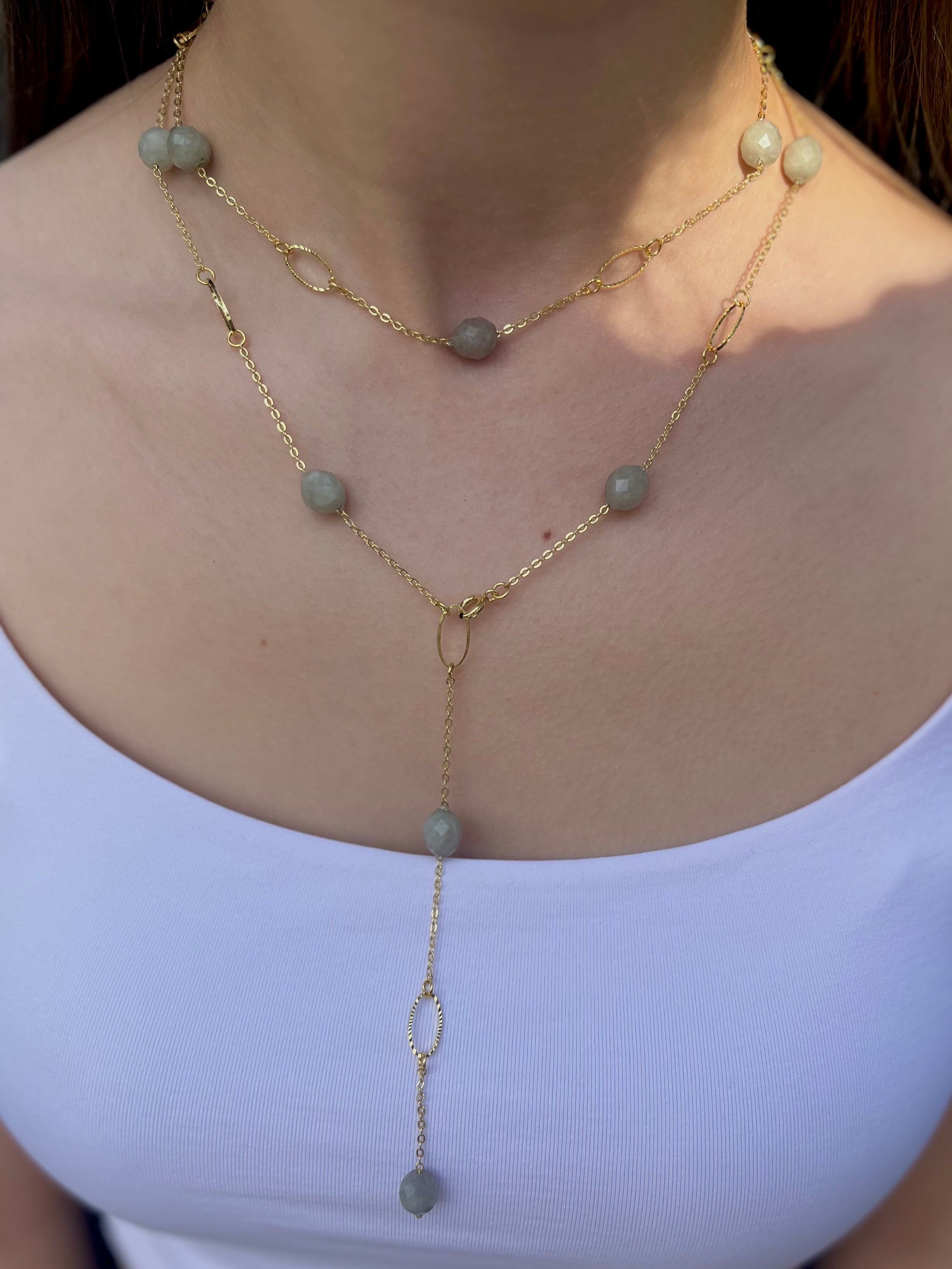 Layered Long Natural Malaysia Jade Necklace with 18K Gold chain