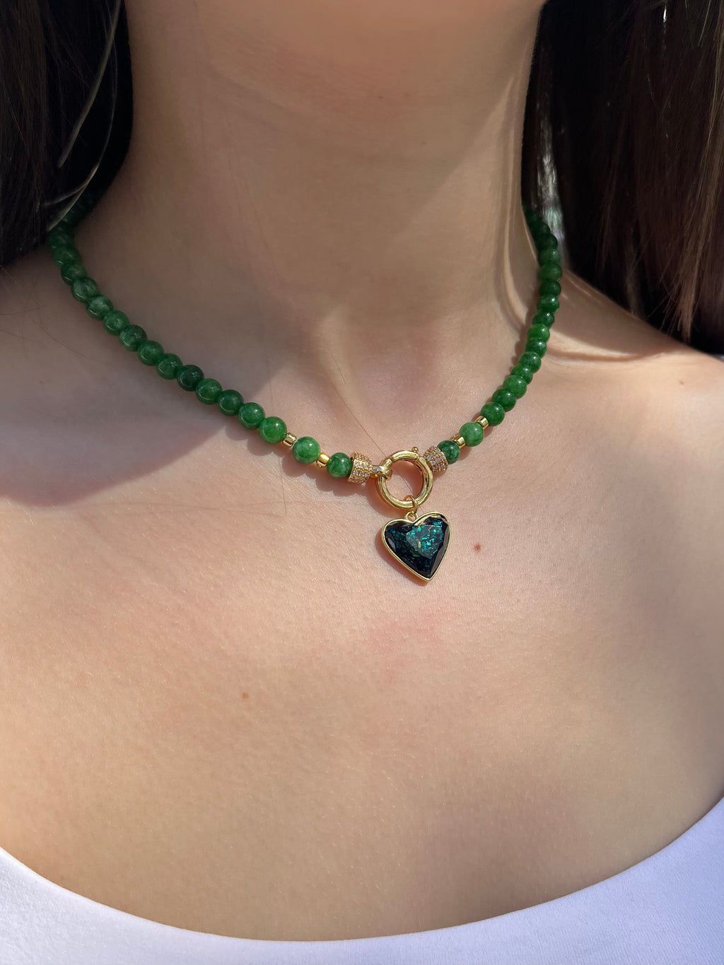 Natural Green Jade Necklace with Heart Pendant