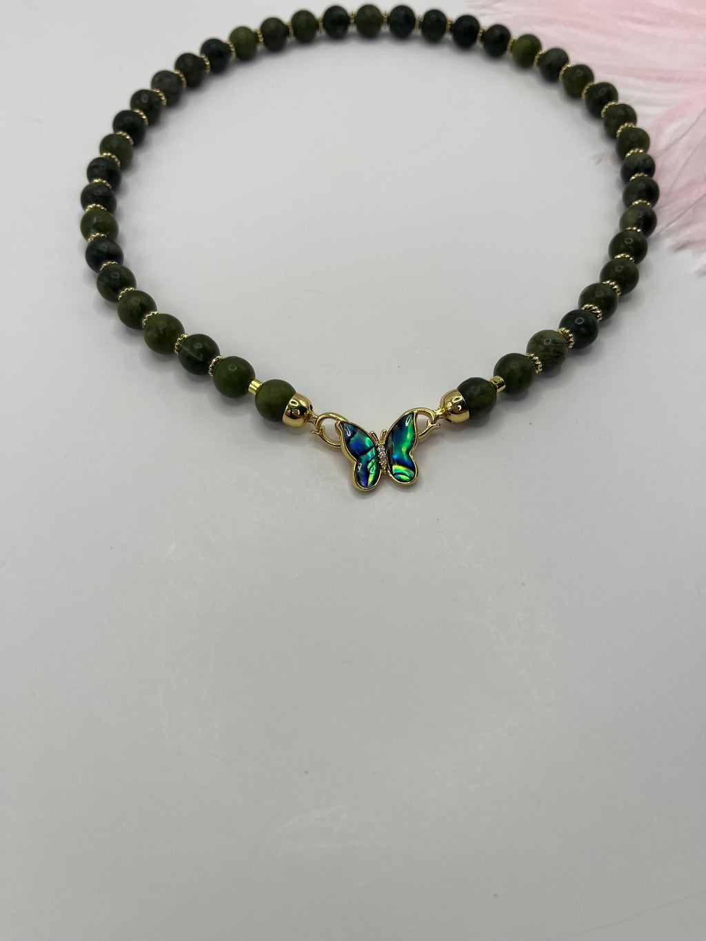 Natural Taiwan Jade Necklace with 18K Gold Butterfly Clasp