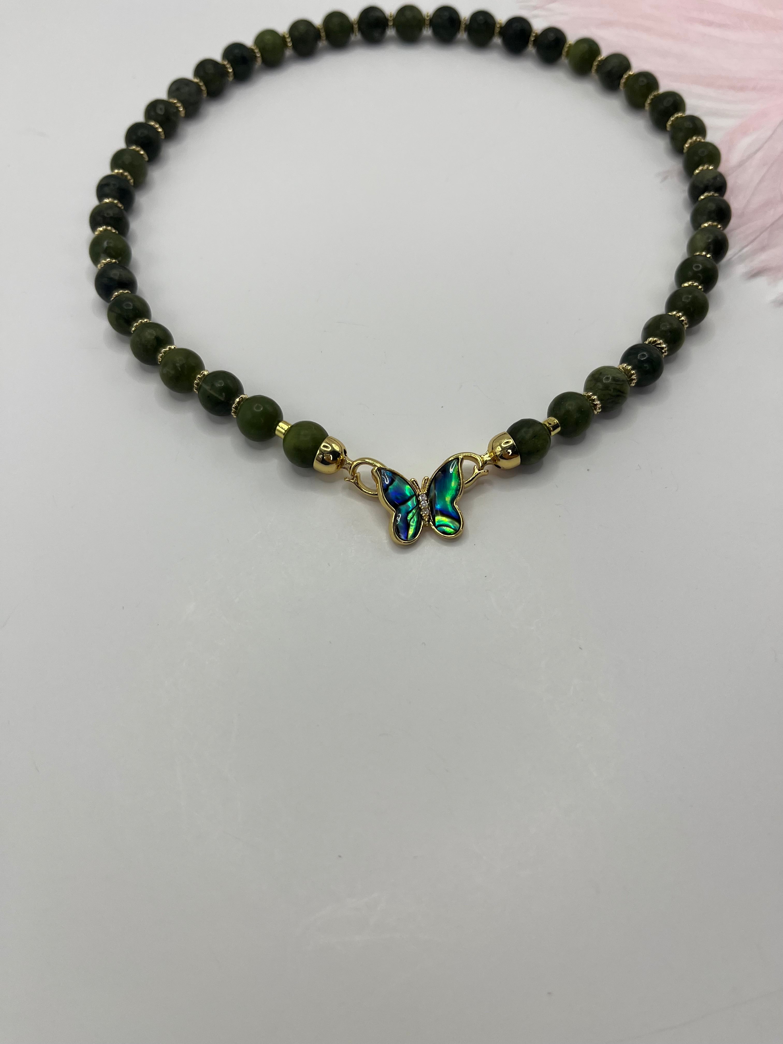 Natural Taiwan Jade Necklace with 18K Gold Butterfly Clasp