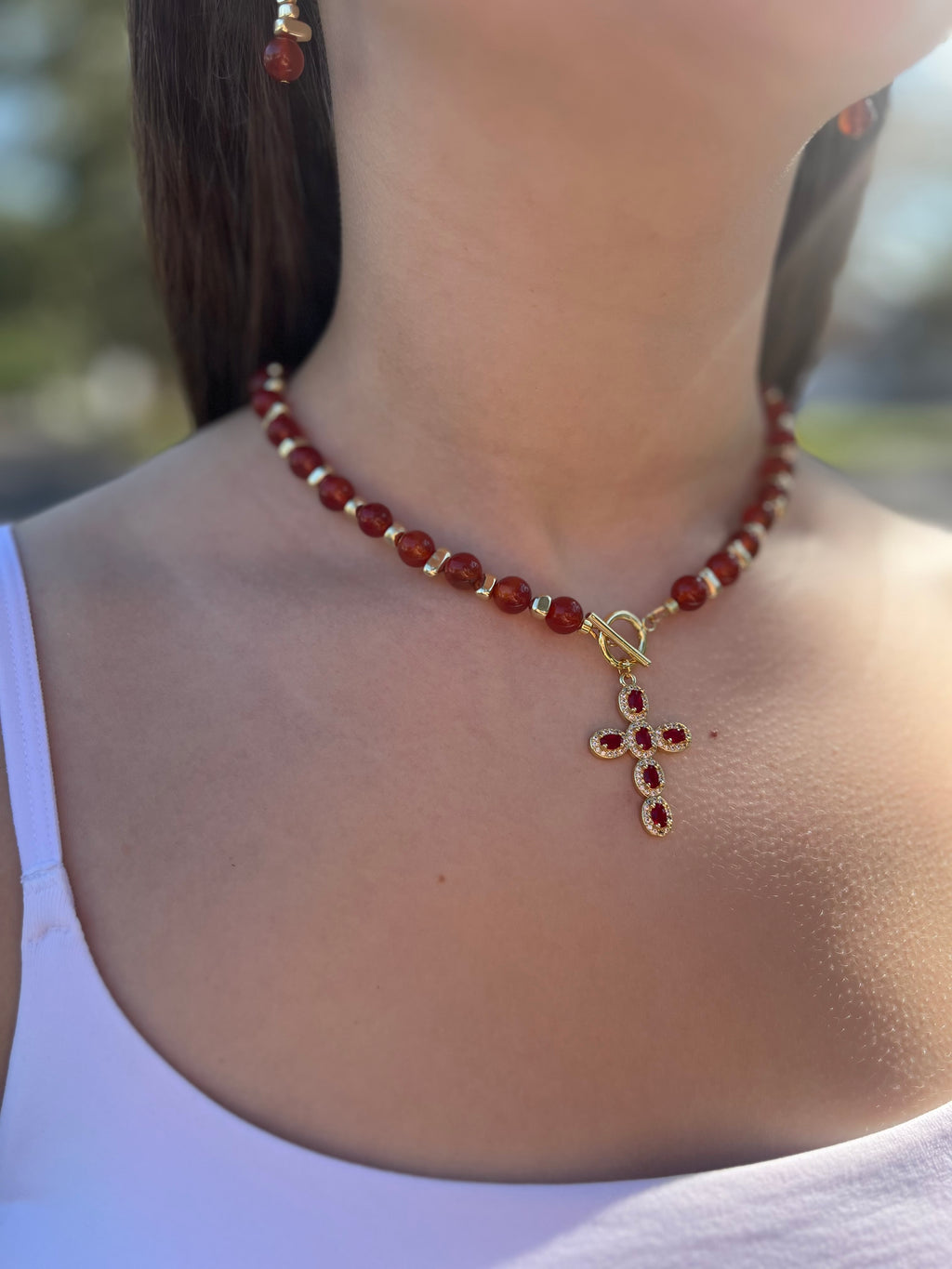 Set: Natural Carnelian Necklace with 18K Gold Cross and earrings