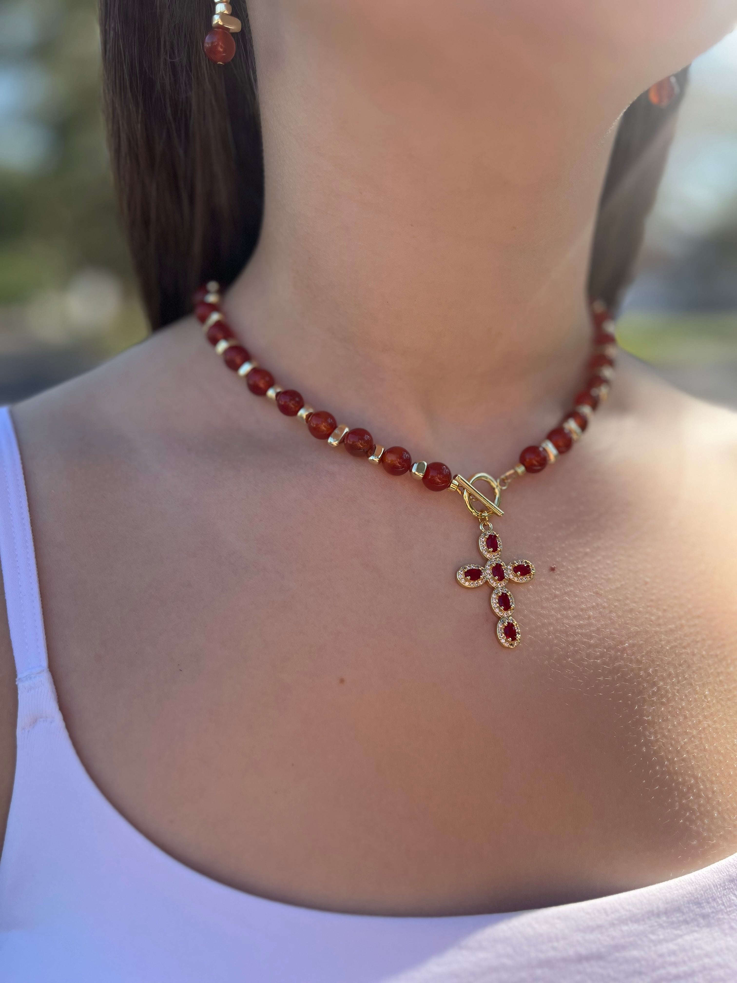 Set: Natural Carnelian Necklace with 18K Gold Cross and earrings