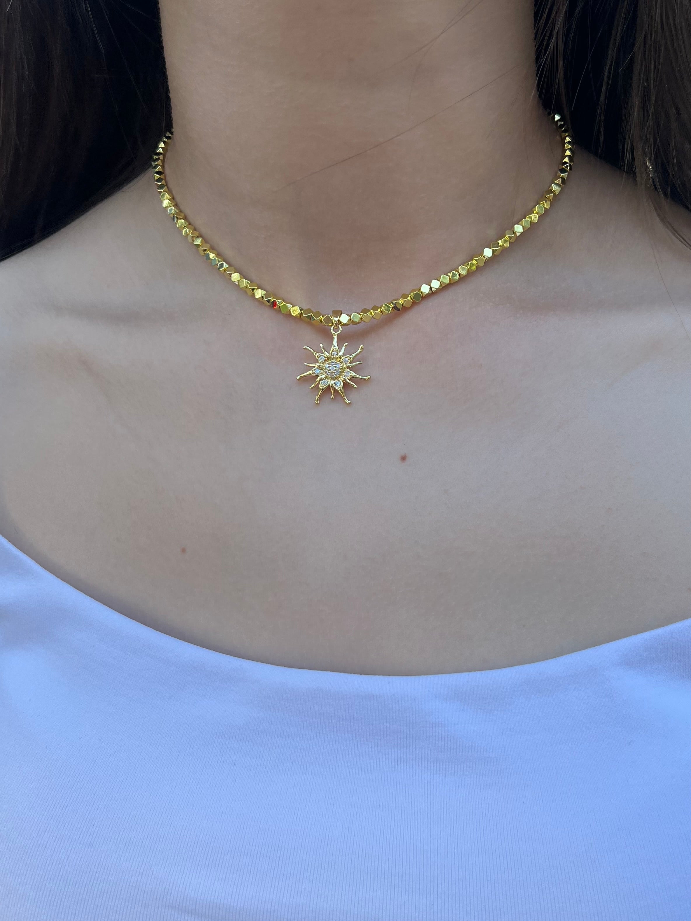 Gold Hematite Sun Necklace, 18K Gold Plated pendant