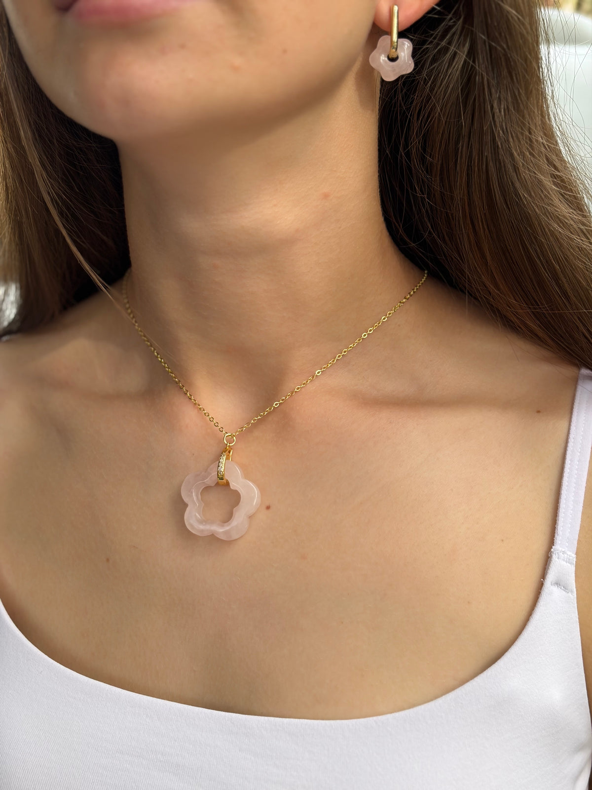 Rose Quartz flower Earrings and necklace,18K Gold Plated