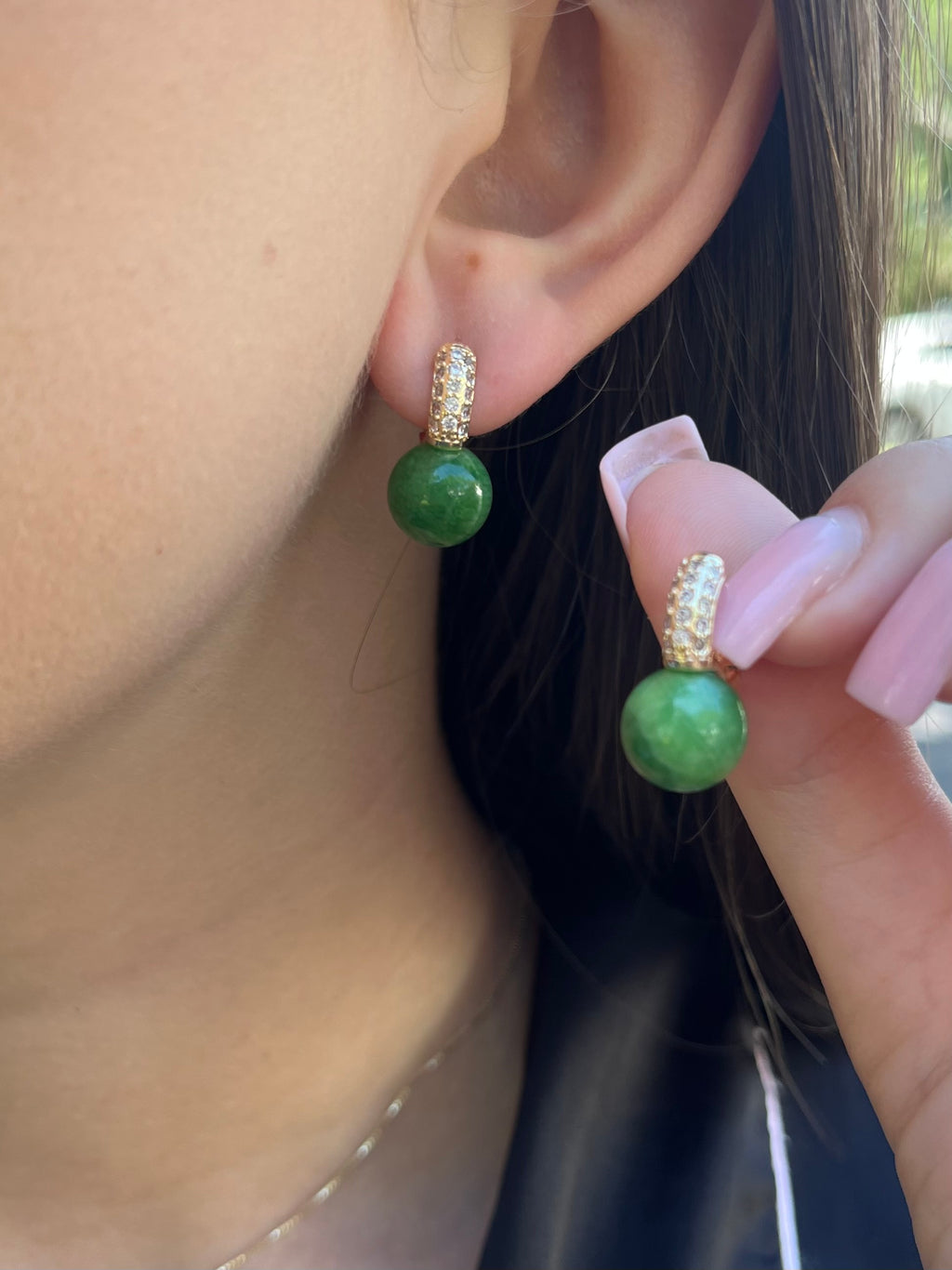 Natural Green Jade Gold Zirconia Earrings