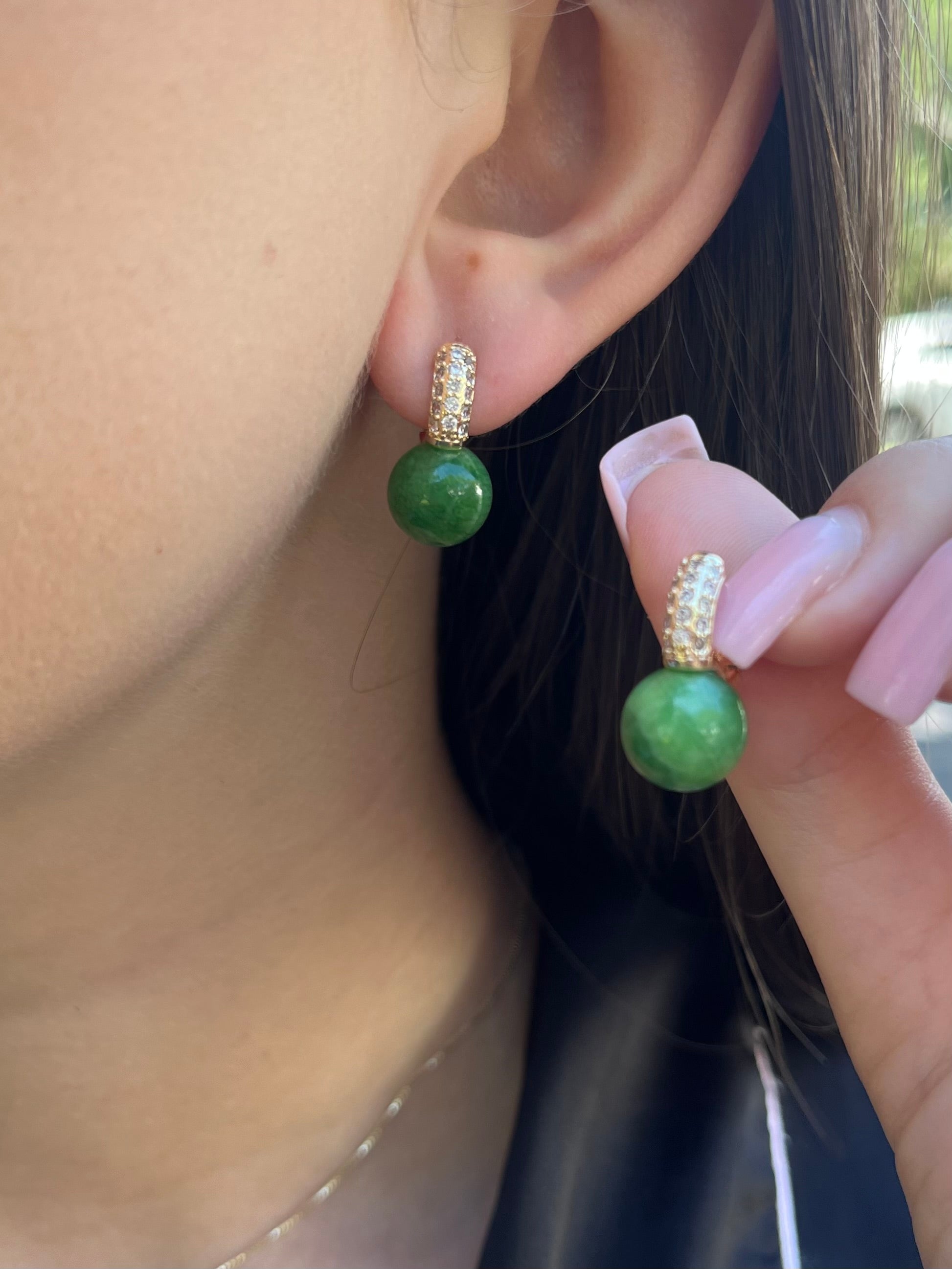 Natural Green Jade Gold Zirconia Earrings