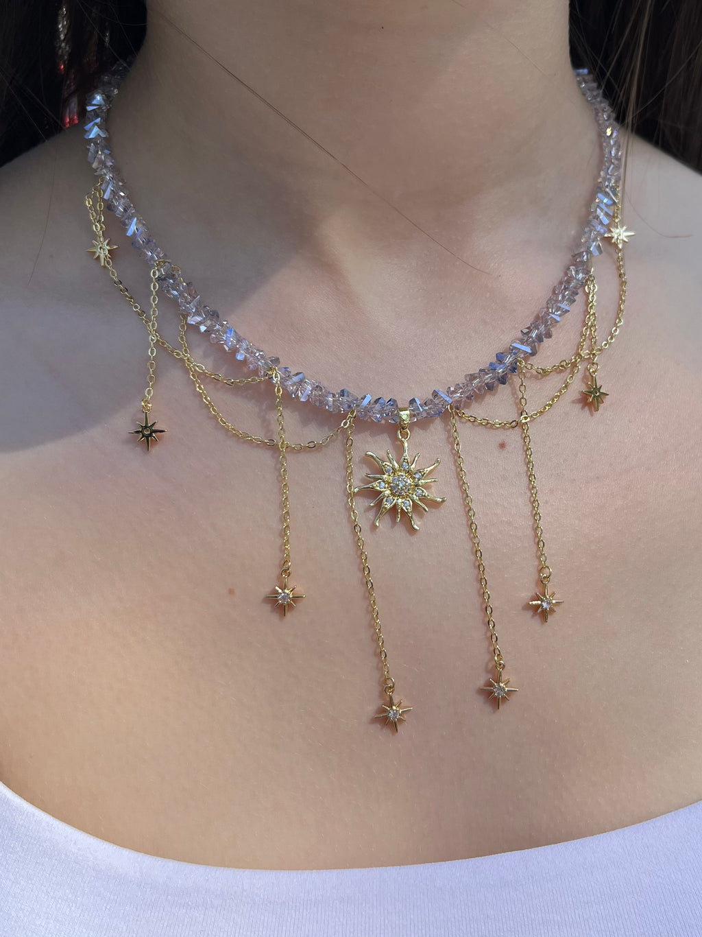 Handmade Crystal Sun & Star Necklace, 18K Gold Plated