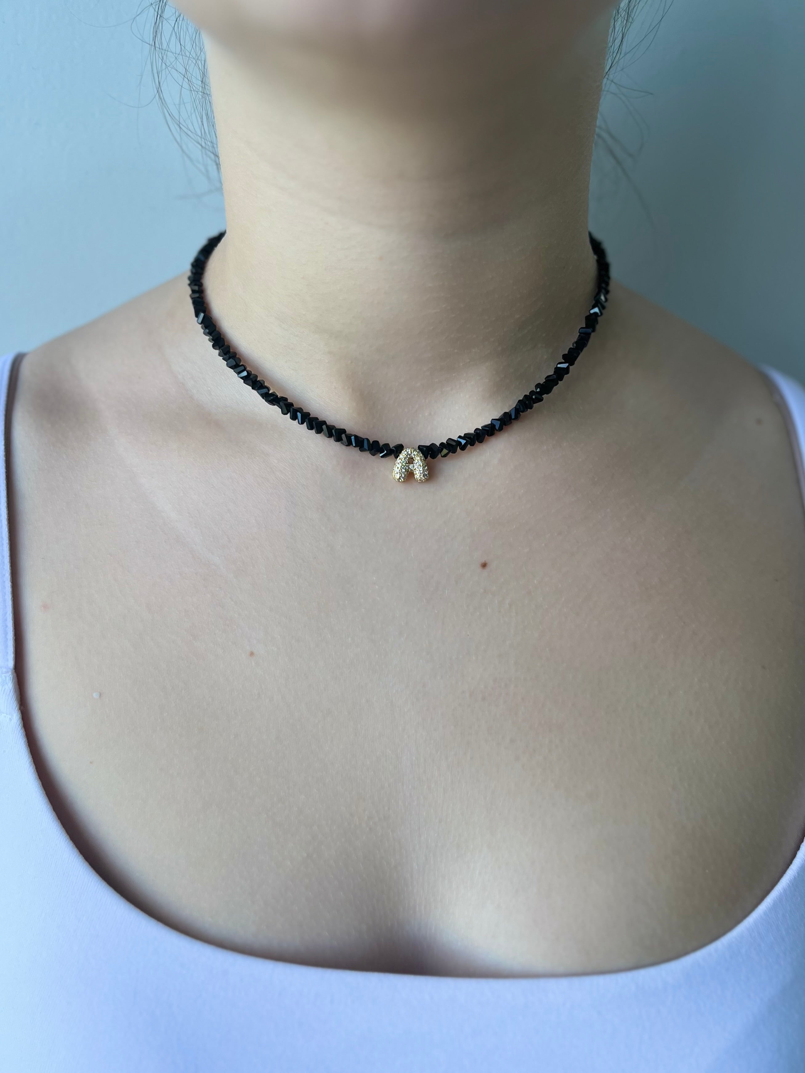 Initial Charm Black Crystal Necklace – 18K Gold Plated, Cubic Zirconia