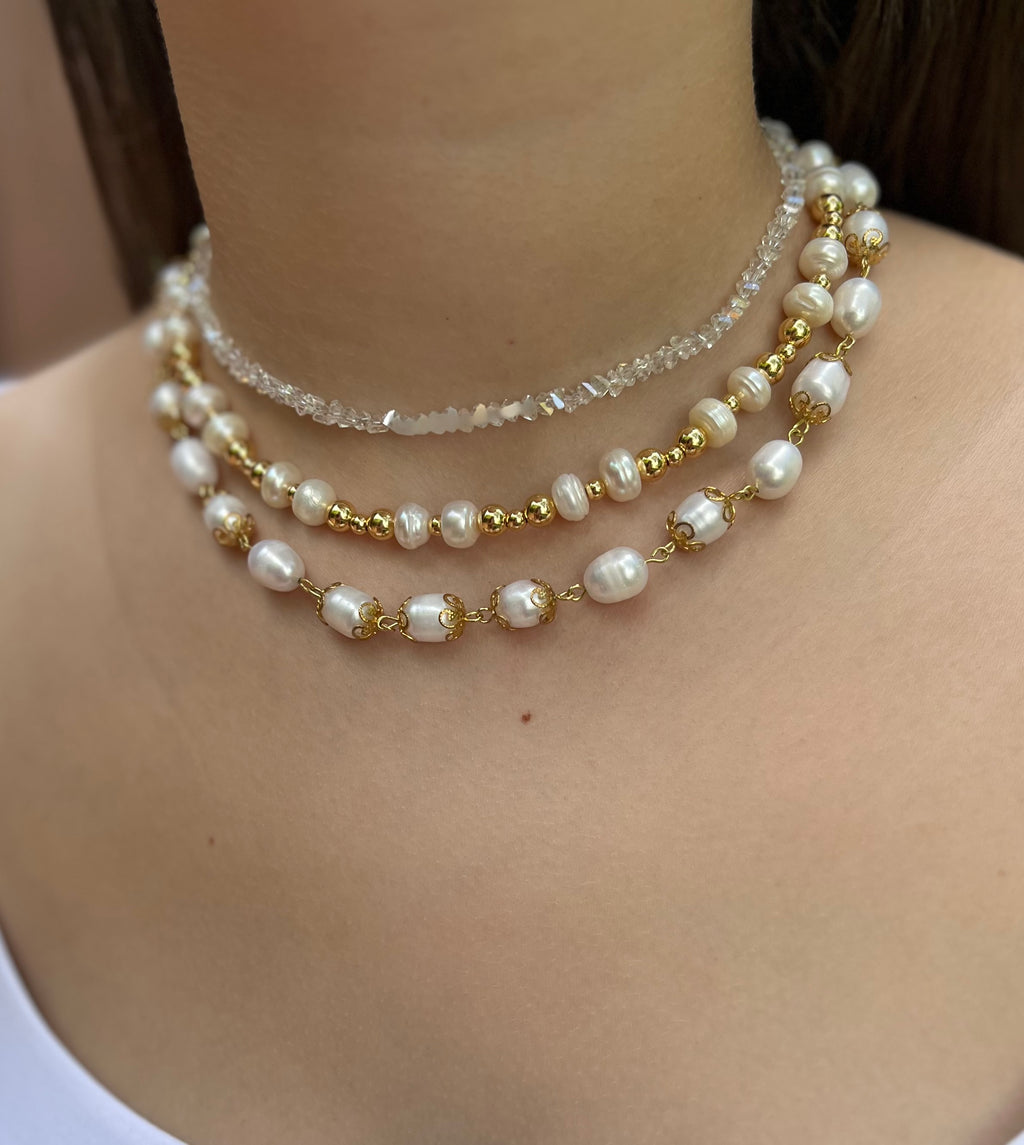 Three-Strand Natural Pearl & Crystal Necklace with Hoop Earrings Set – 18K Gold Plated, Gift Box