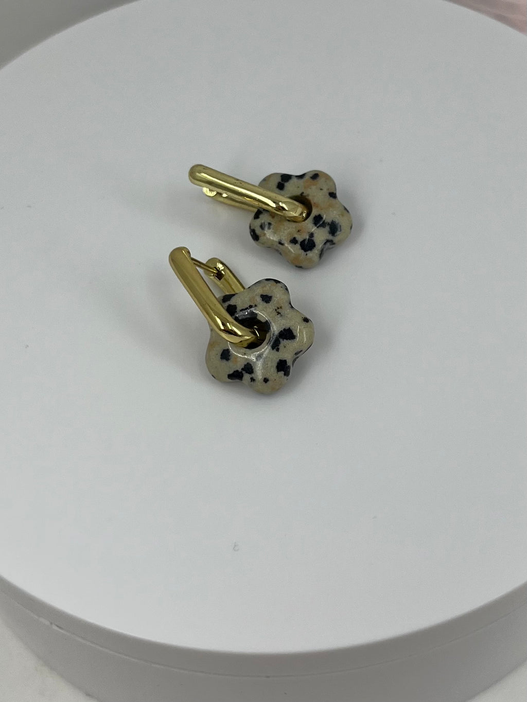 Dalmatian jasper flower Earrings and Necklace, 18K Gold Plated