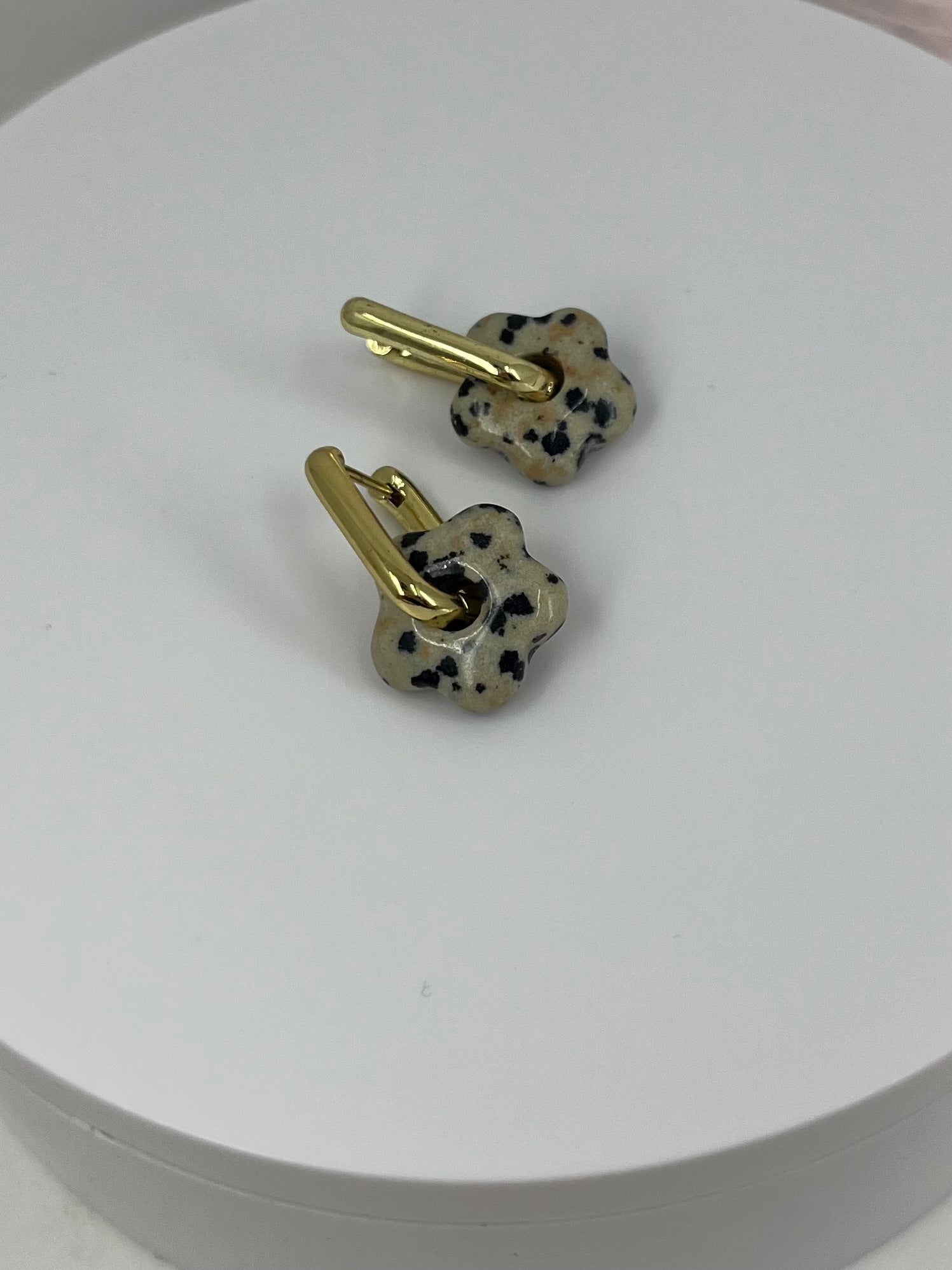 Dalmatian jasper flower Earrings and Necklace, 18K Gold Plated