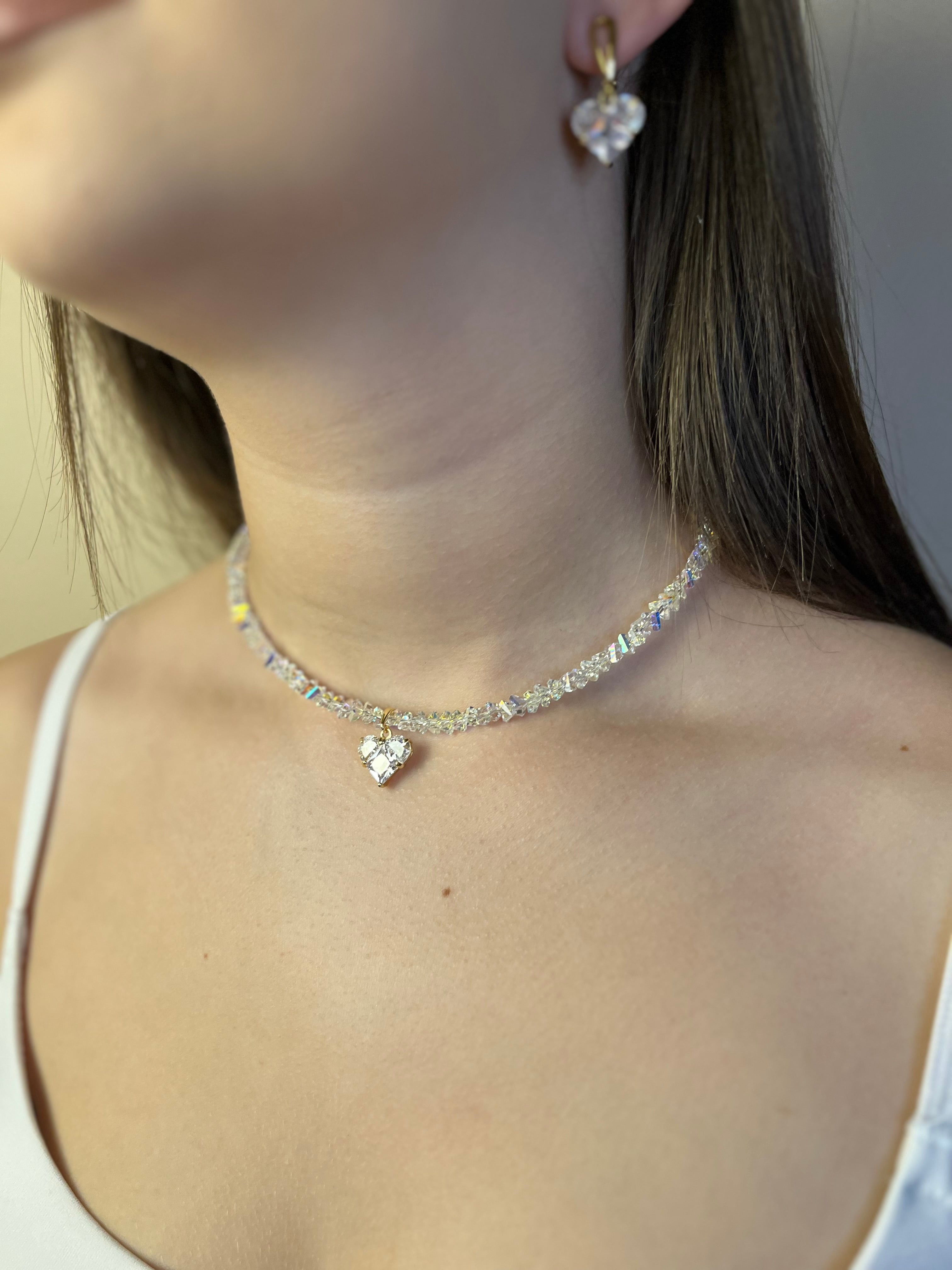 Set: Heart Crystal Choker Necklace and Earrings – 18K Gold Plated, Cubic Zirconia, Nickel Free