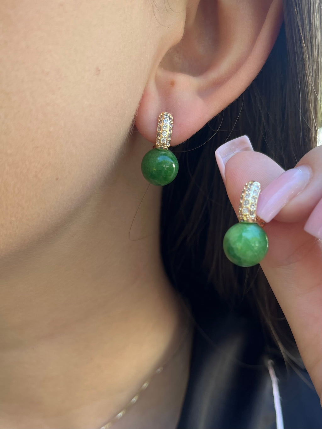 Natural Green Jade Gold Zirconia Earrings