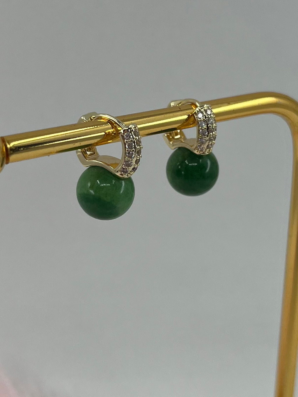 Natural Green Jade Gold Zirconia Earrings