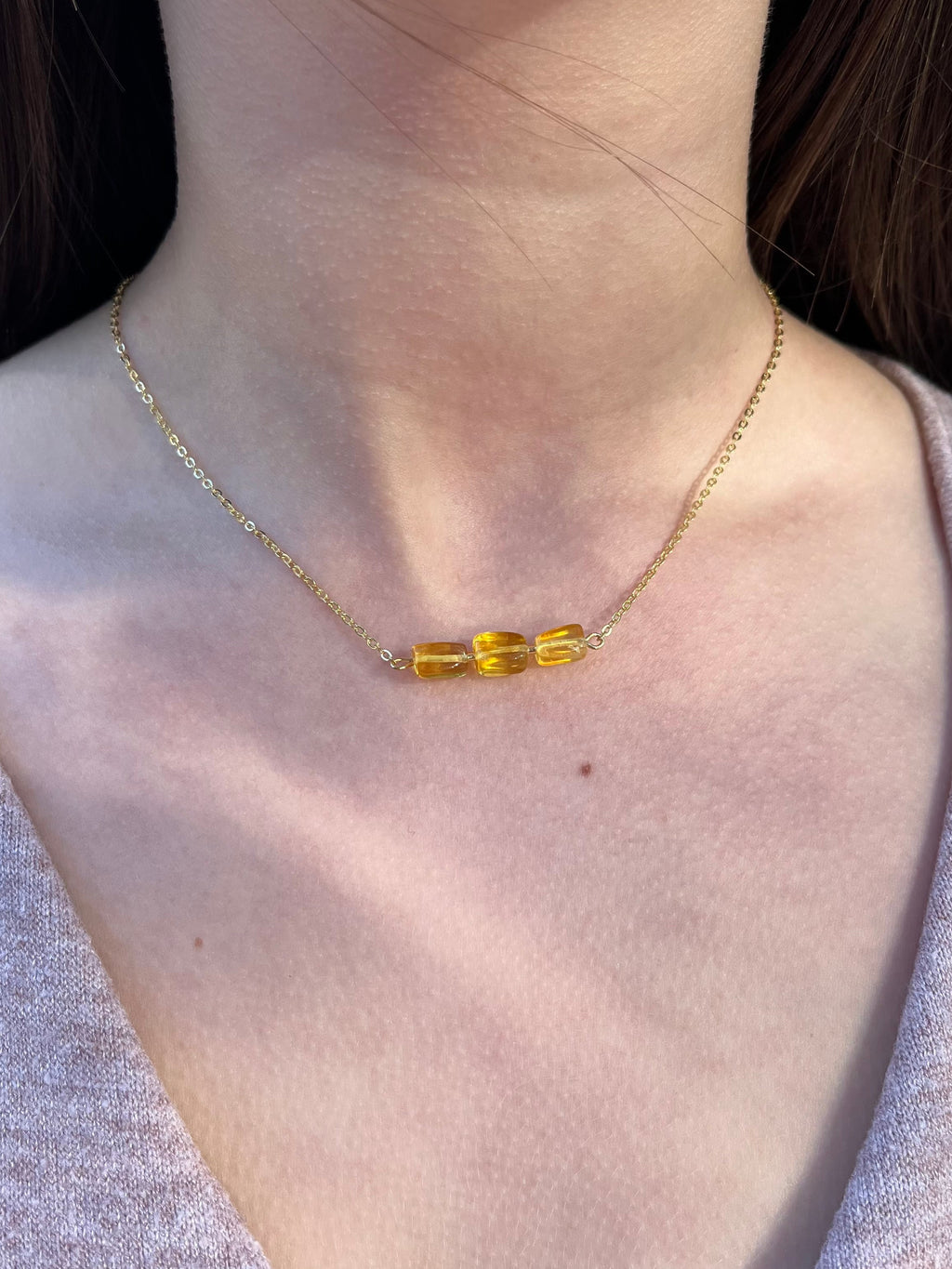 Natural Amber Necklace, chain 18k plated