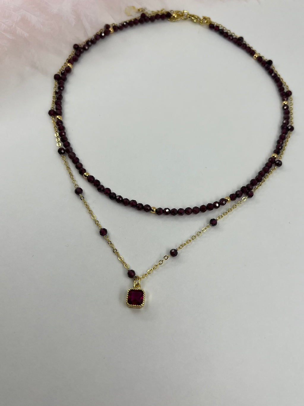 Layered Garnet necklace , 18K gold clasp
