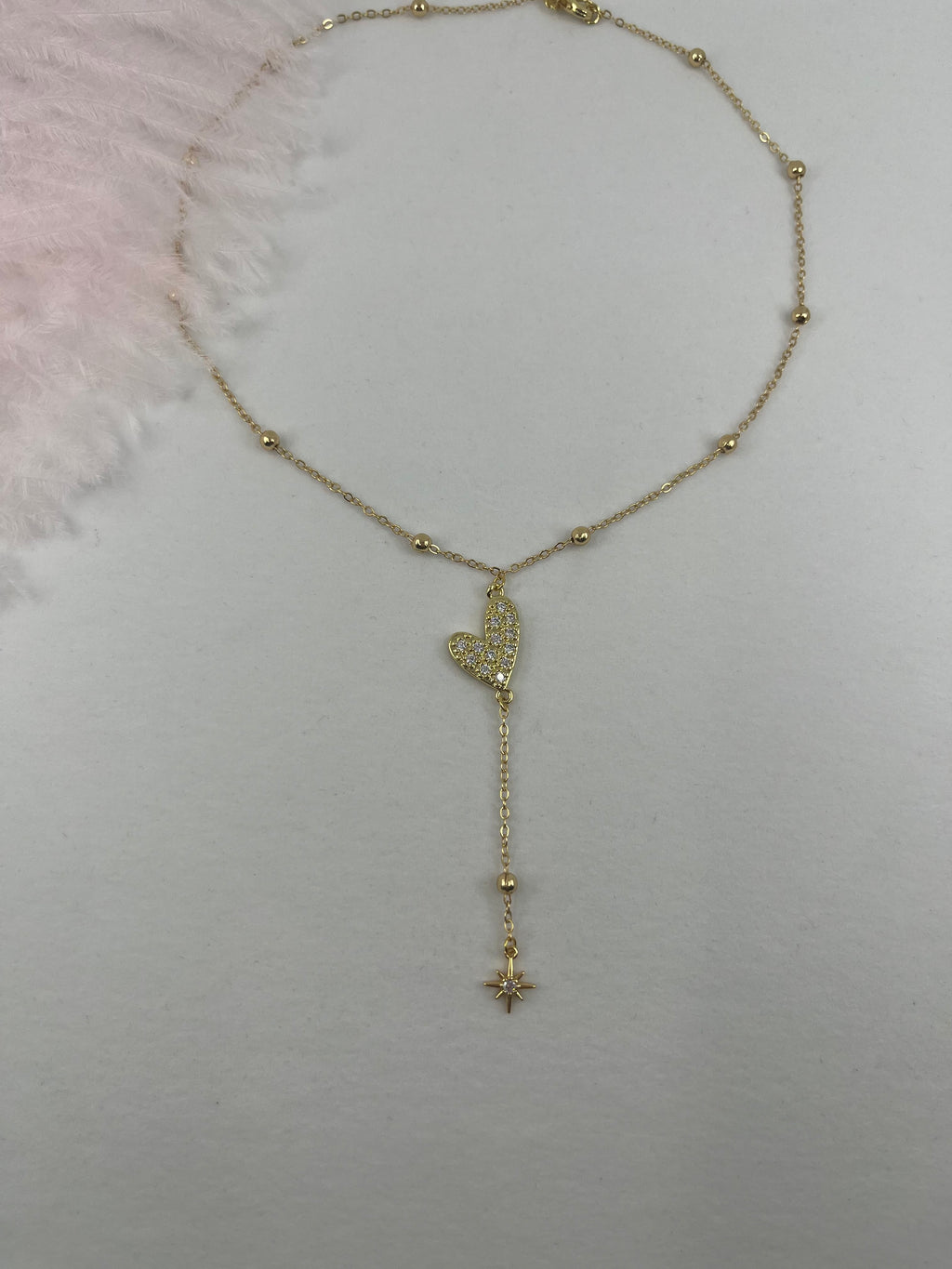 Lariat Y-Necklace, zirconia heart pendant 18k gold plated
