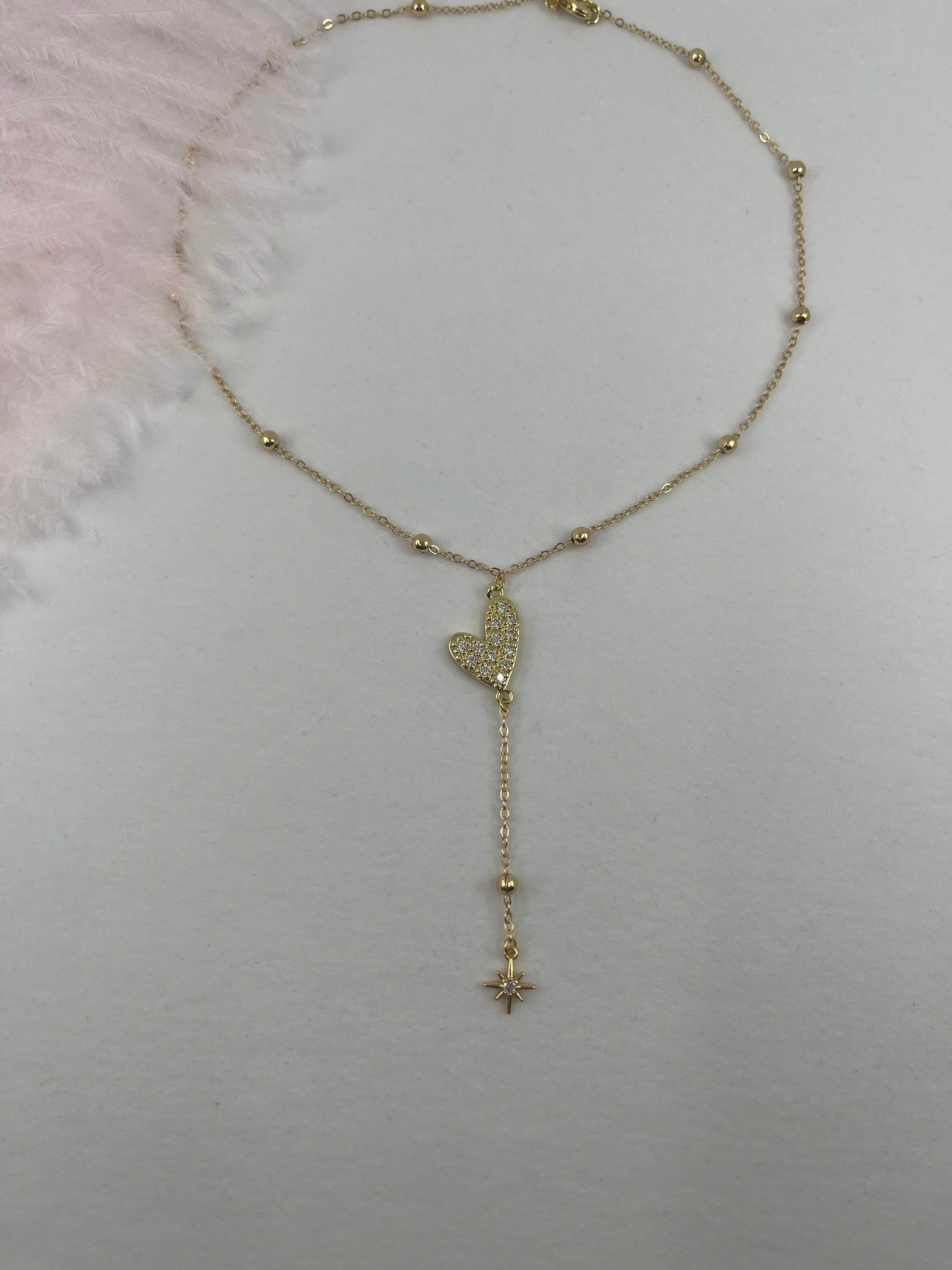 Lariat Y-Necklace, zirconia heart pendant 18k gold plated