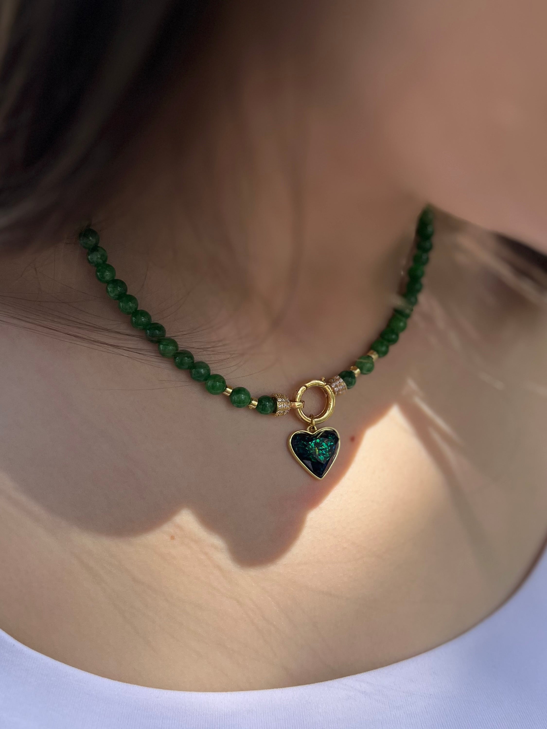 Natural Green Jade Necklace with Heart Pendant