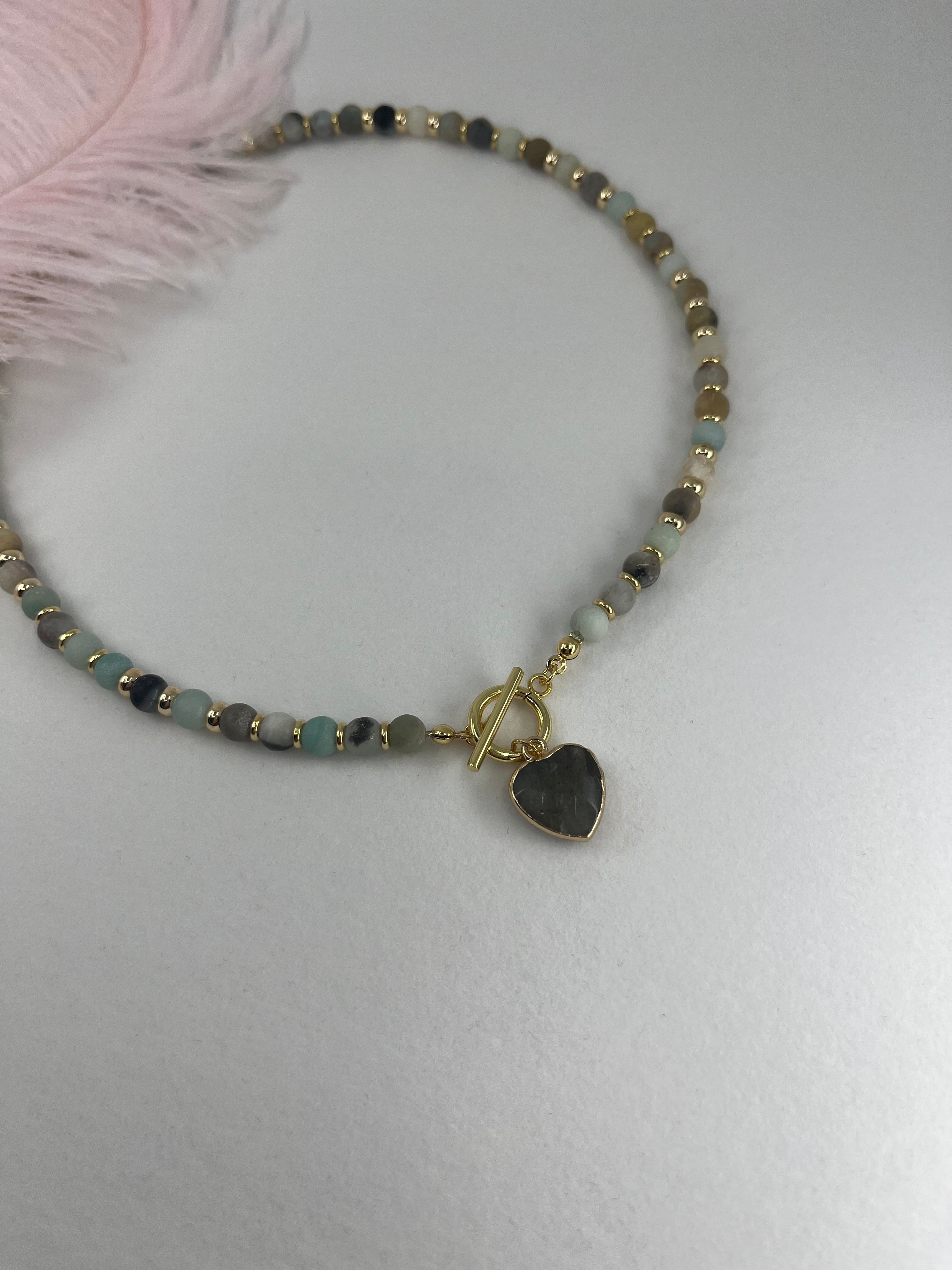 Natural Amazonite Heart Necklace, 18k gold plated clasp