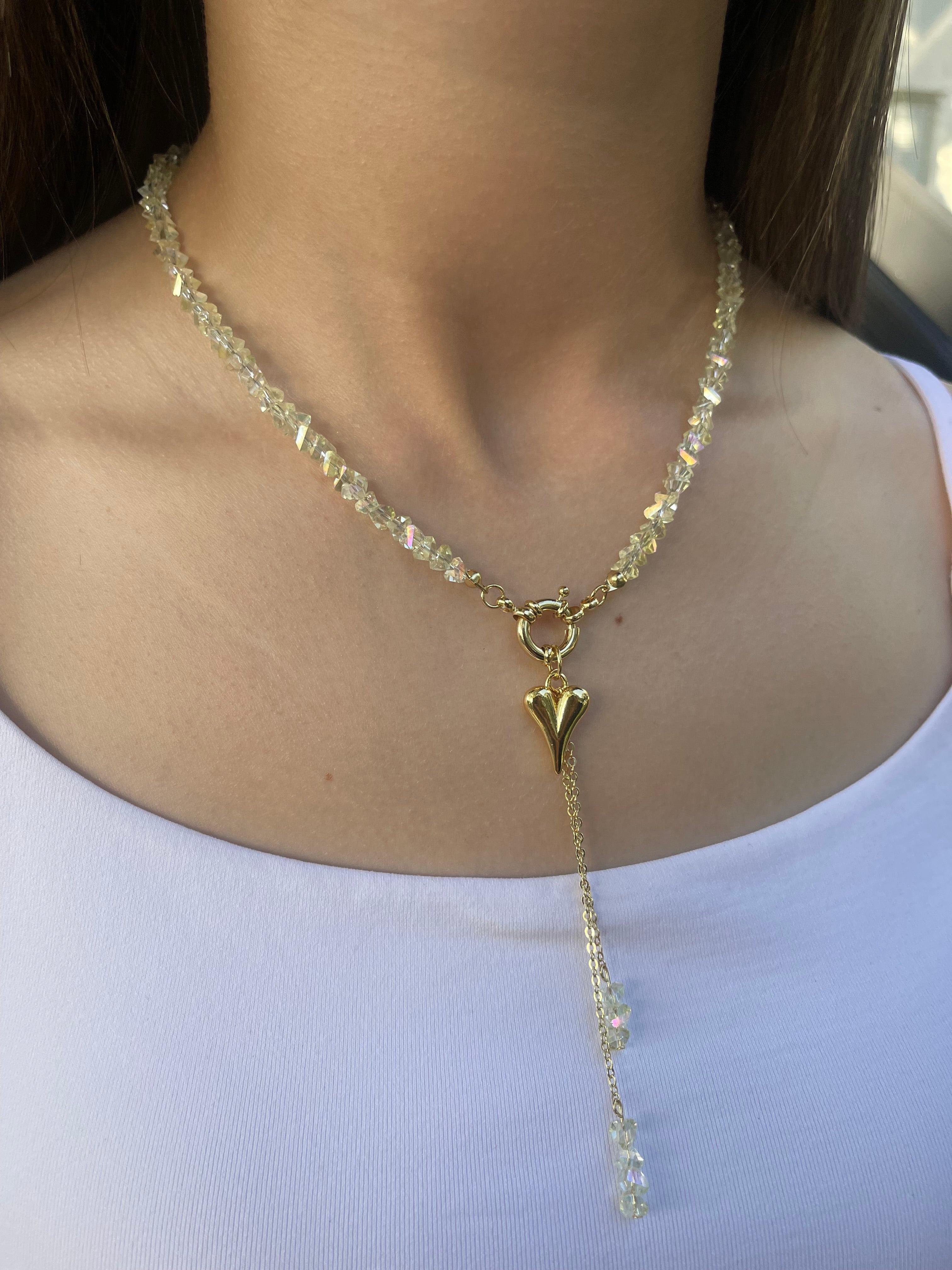 Set: Heart Crystal Y-Necklace and Earrings – 18K Gold Plated