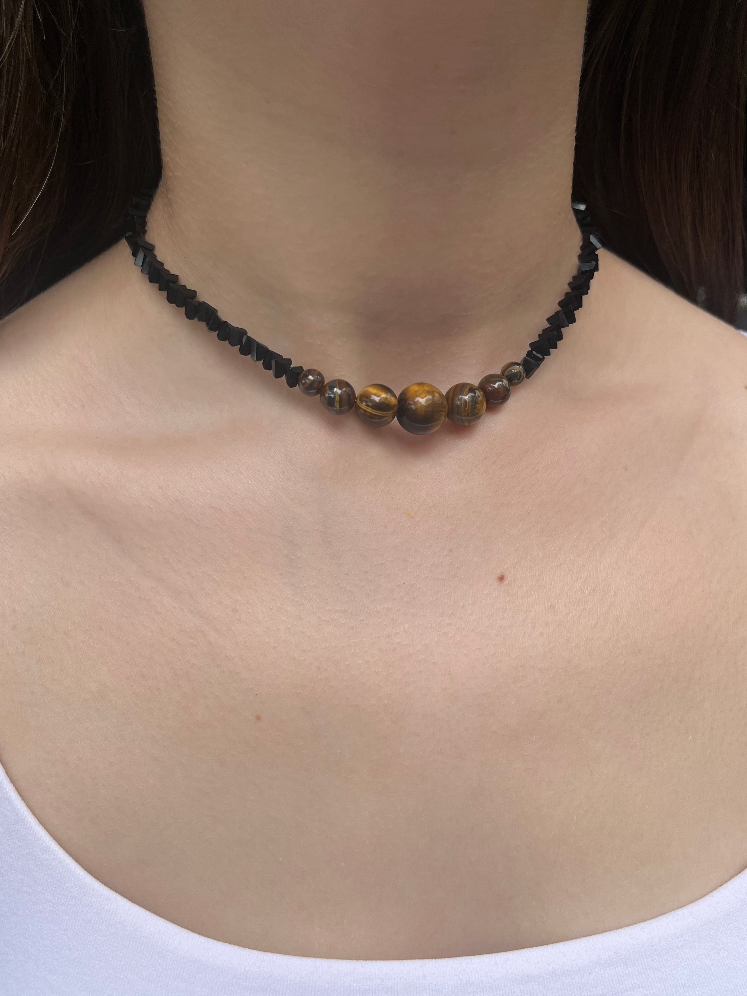 Set: Black Crystal Choker Necklace with Tiger Eye and earrings