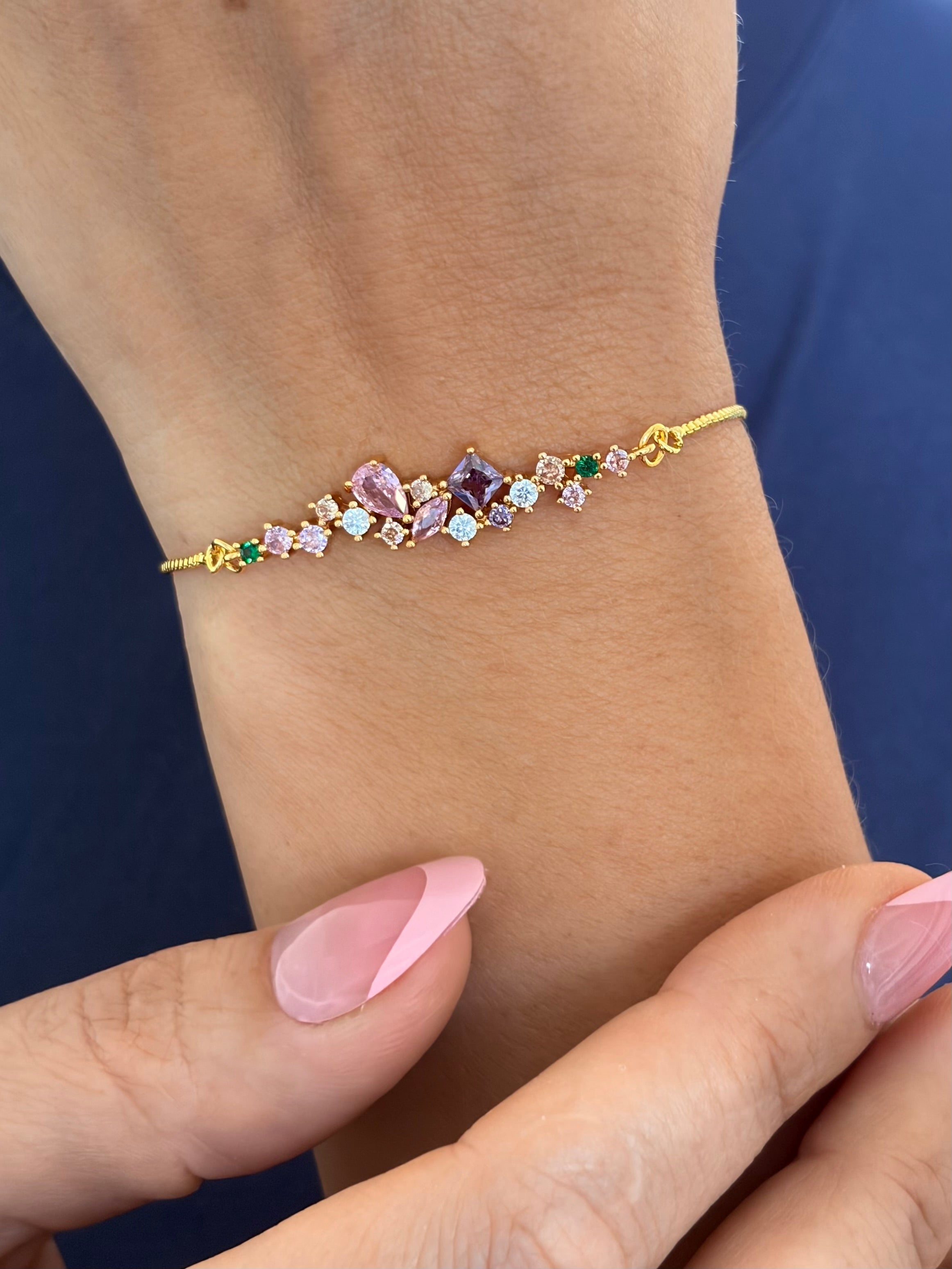 Colorful zirconia bracelet with slider chain