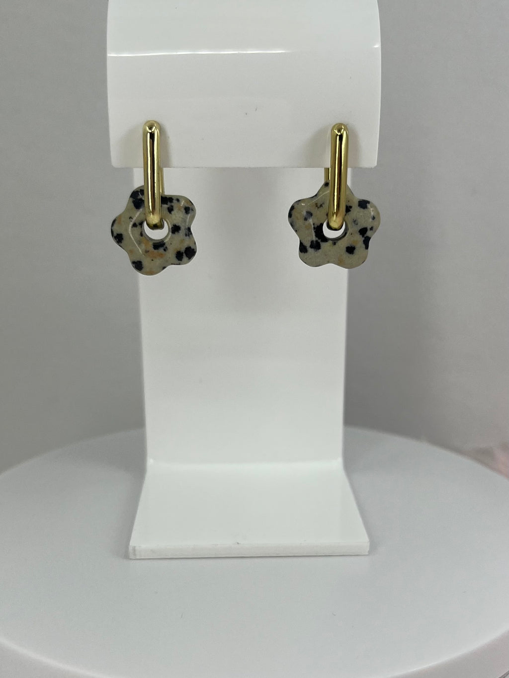Dalmatian jasper flower Earrings and Necklace, 18K Gold Plated