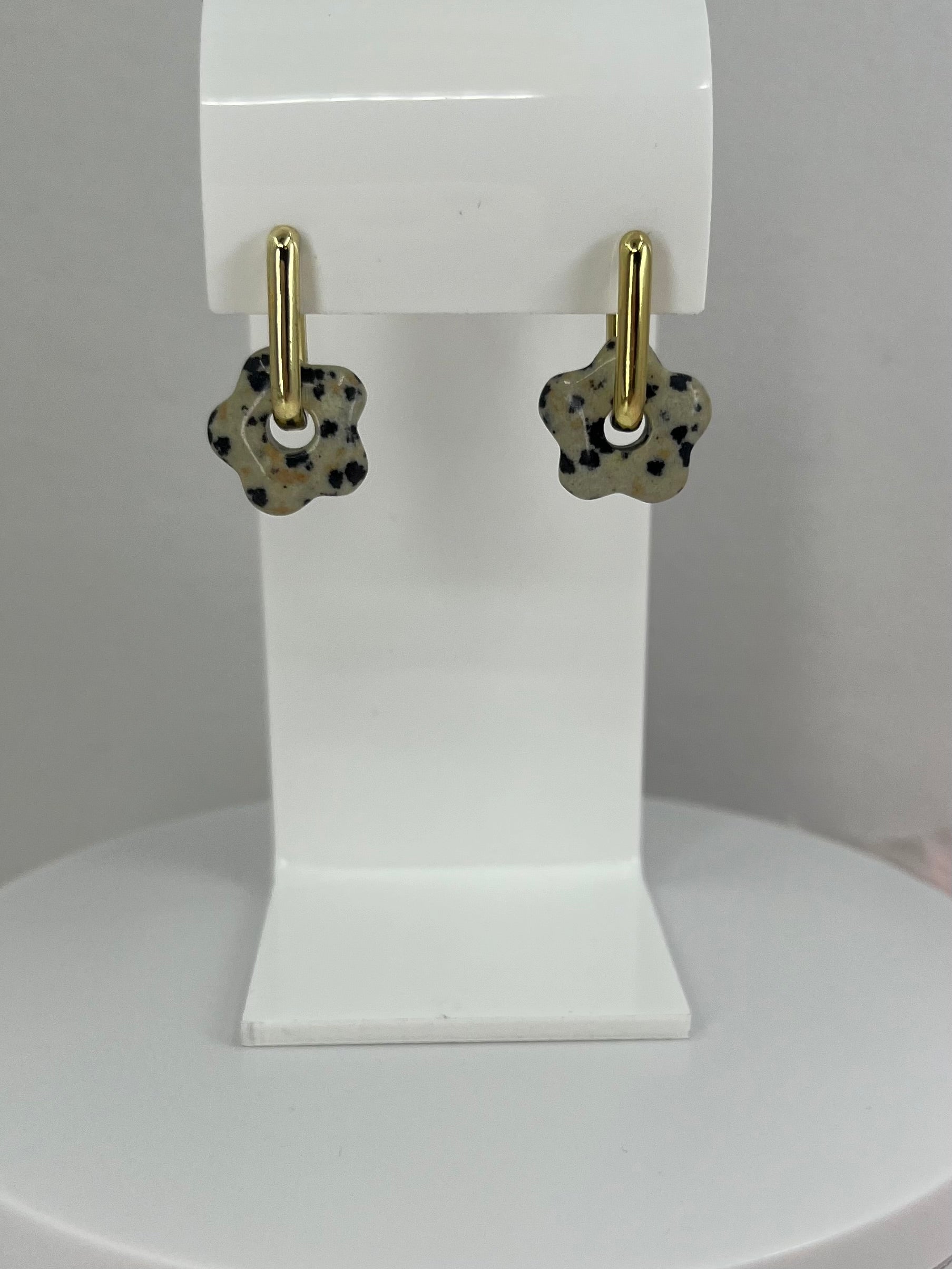 Dalmatian jasper flower Earrings and Necklace, 18K Gold Plated