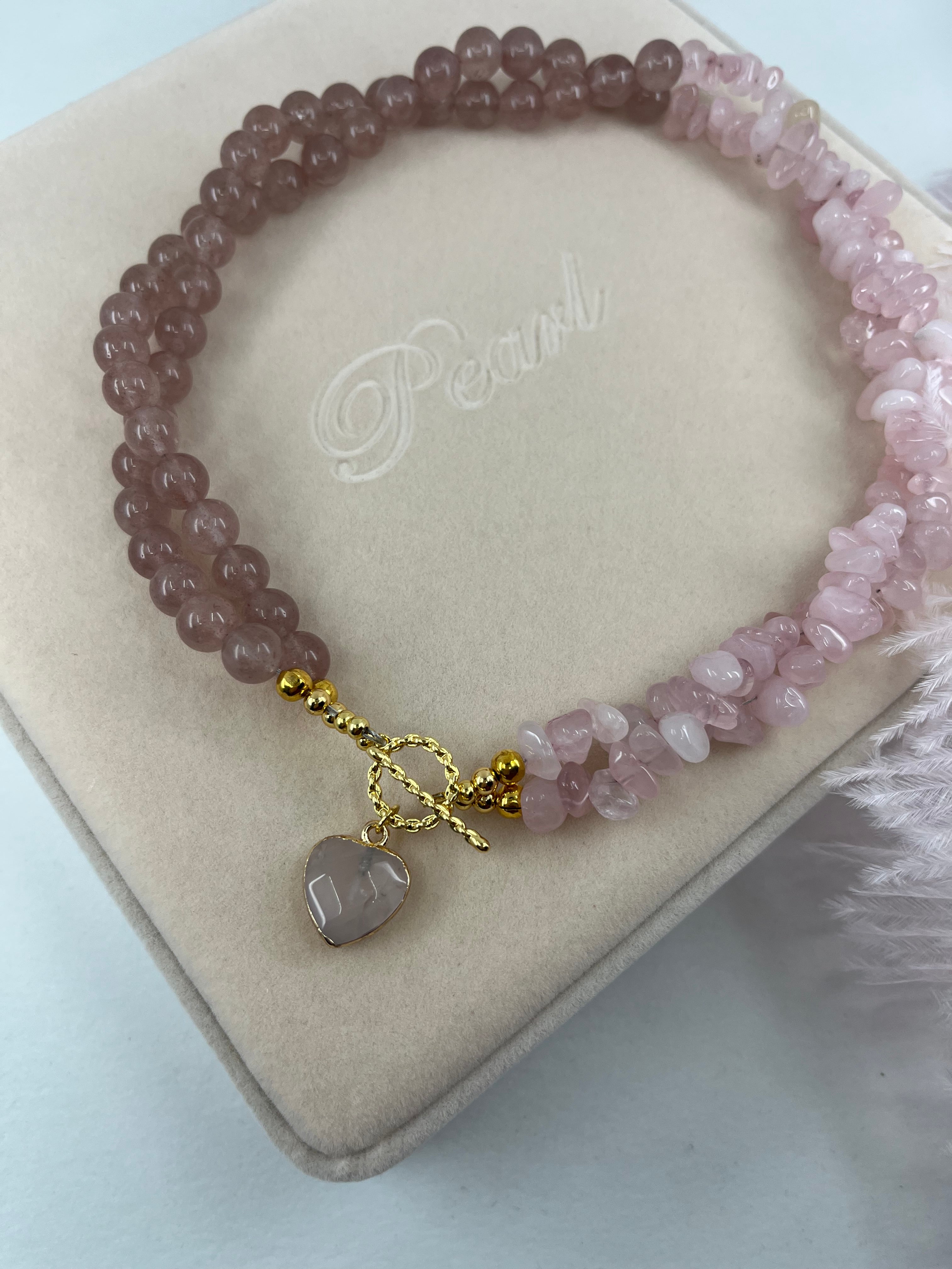 Asymmetrical Layered Strawberry Quartz Necklace with heart pendant: 18K Gold Plated Pendant