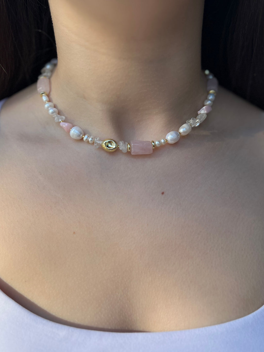 Set: Pearl and Rose Quartz Necklace and Earrings