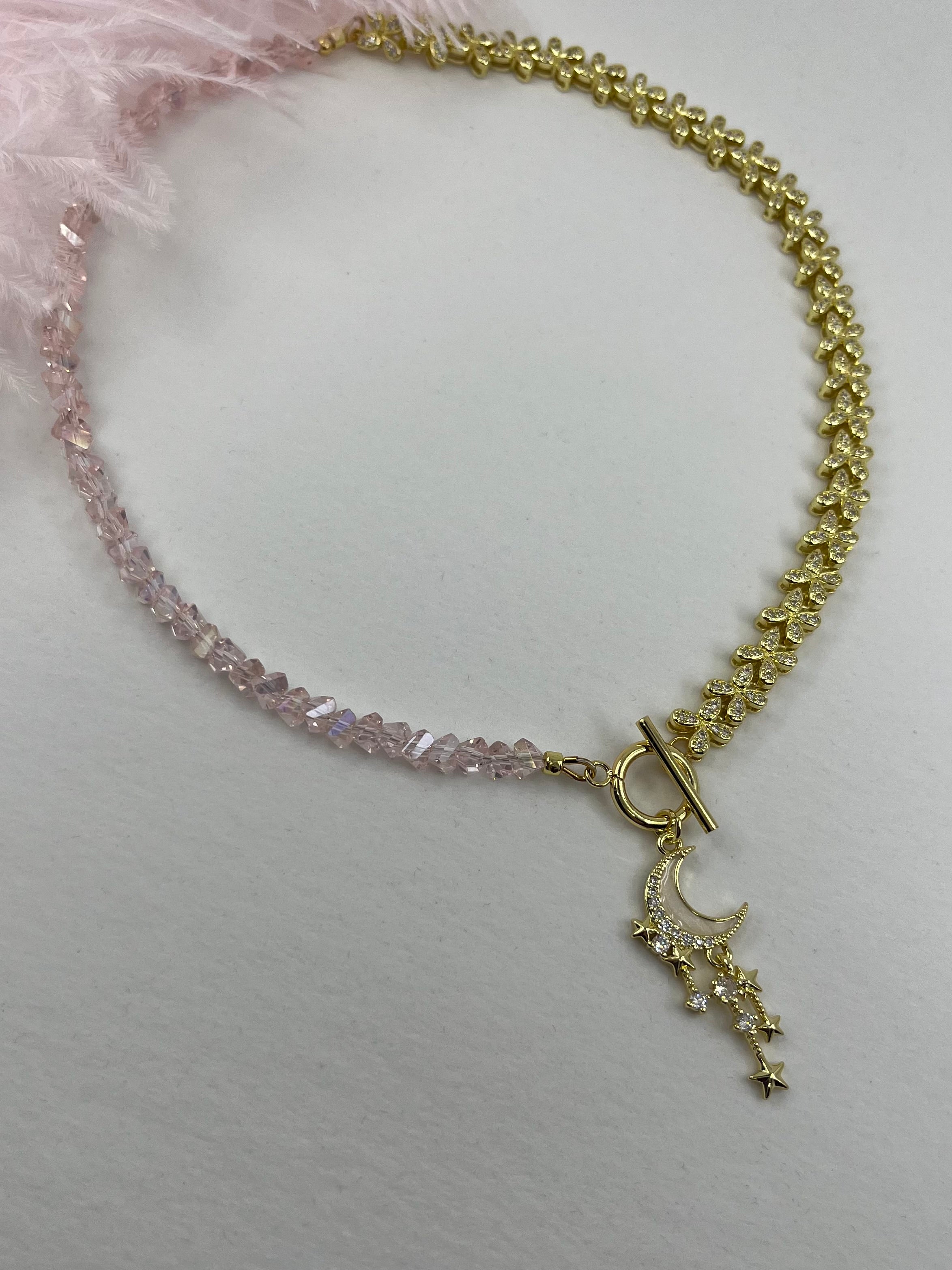Asymmetrical Crystal Moon Necklace, 18k gold plated