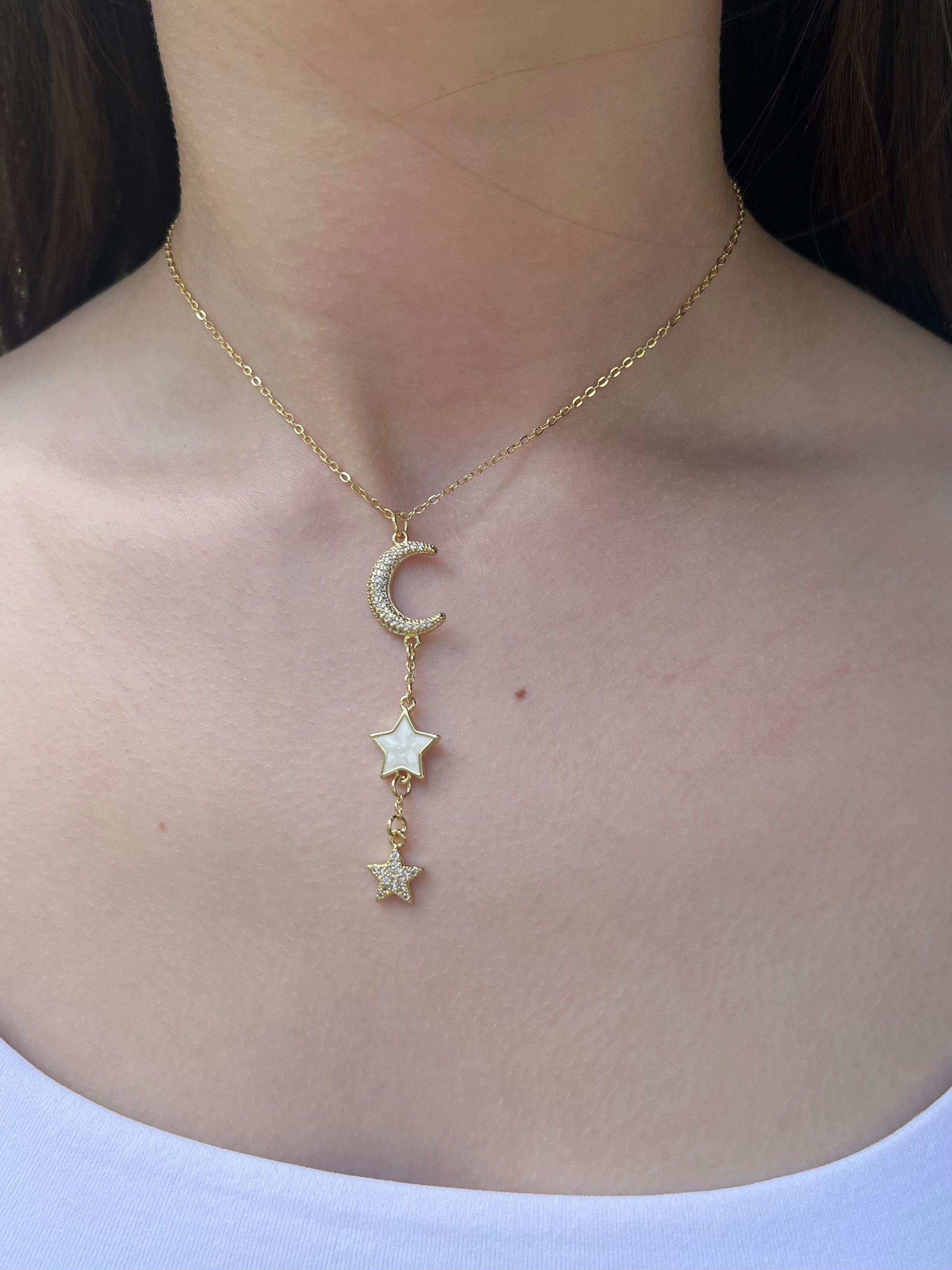 Zirconia Star and Moon Choker Necklace, Real 18K Gold Plated